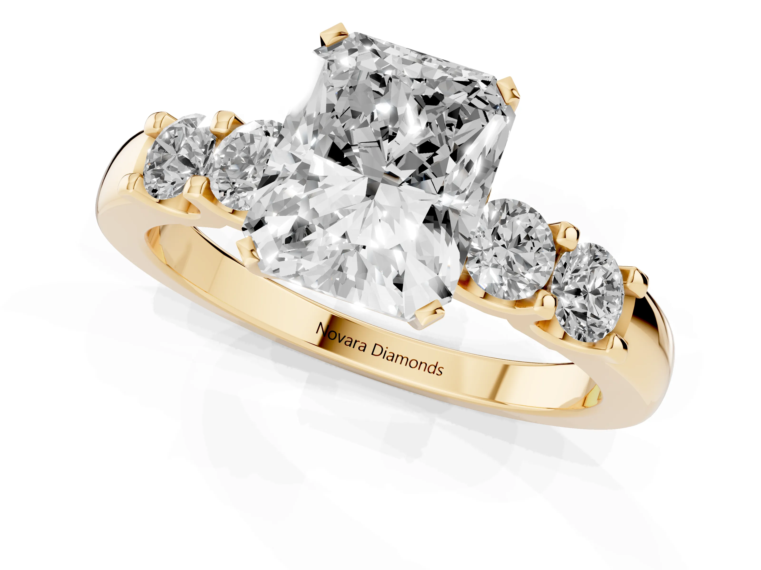 Radiant Cut Diamond Five-Stone Prong Set Engagement Ring Set in Yellow gold with Channel Band