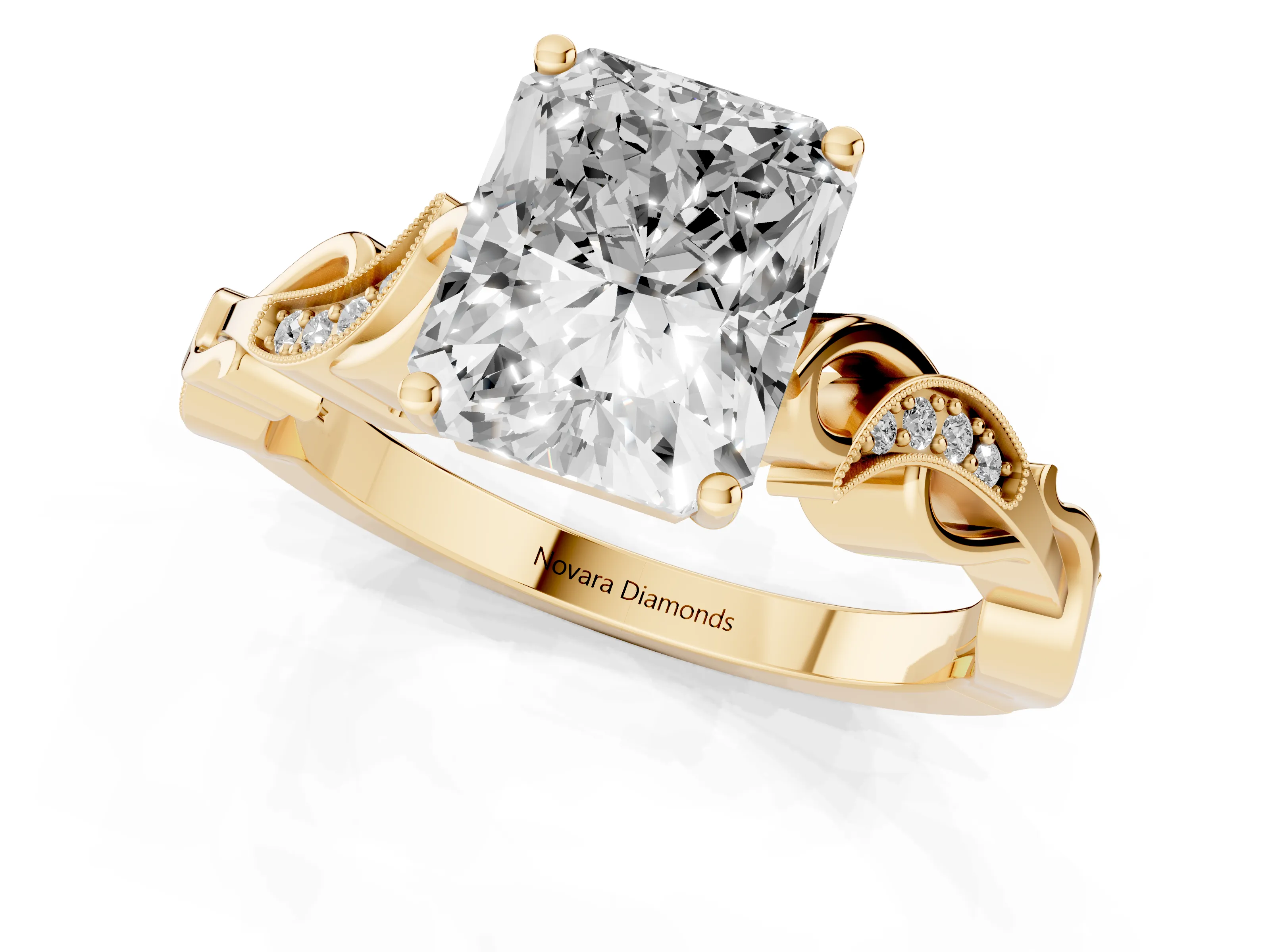 Radiant Cut Diamond Vine Band Solitaire Ring Set in Yellow gold with Milgrain Prong Setting