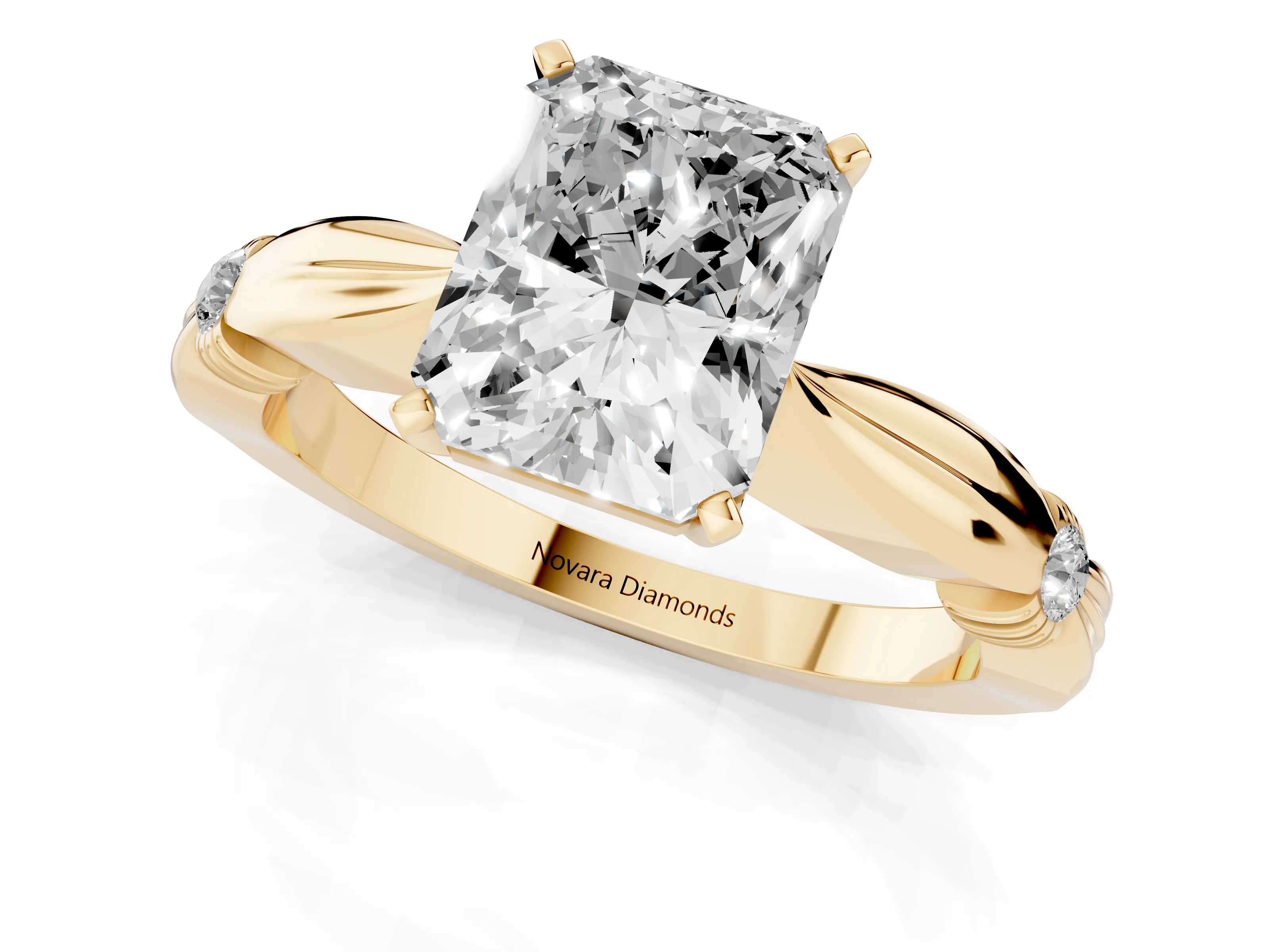 Radiant Cut Diamond Solitaire Twisted Band Ring Set in Yellow gold with Accent Stones and Prong Setting – second view