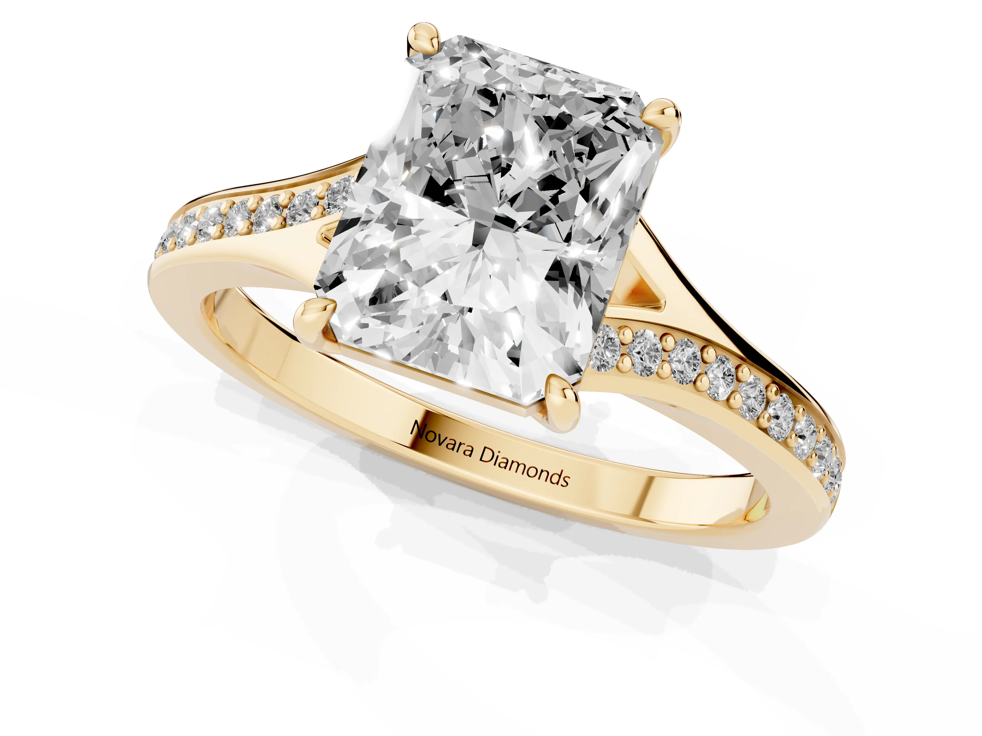 Radiant Cut Diamond Solitaire Ring Set in Yellow gold with Pavé Accent Band and Classic Prong Setting