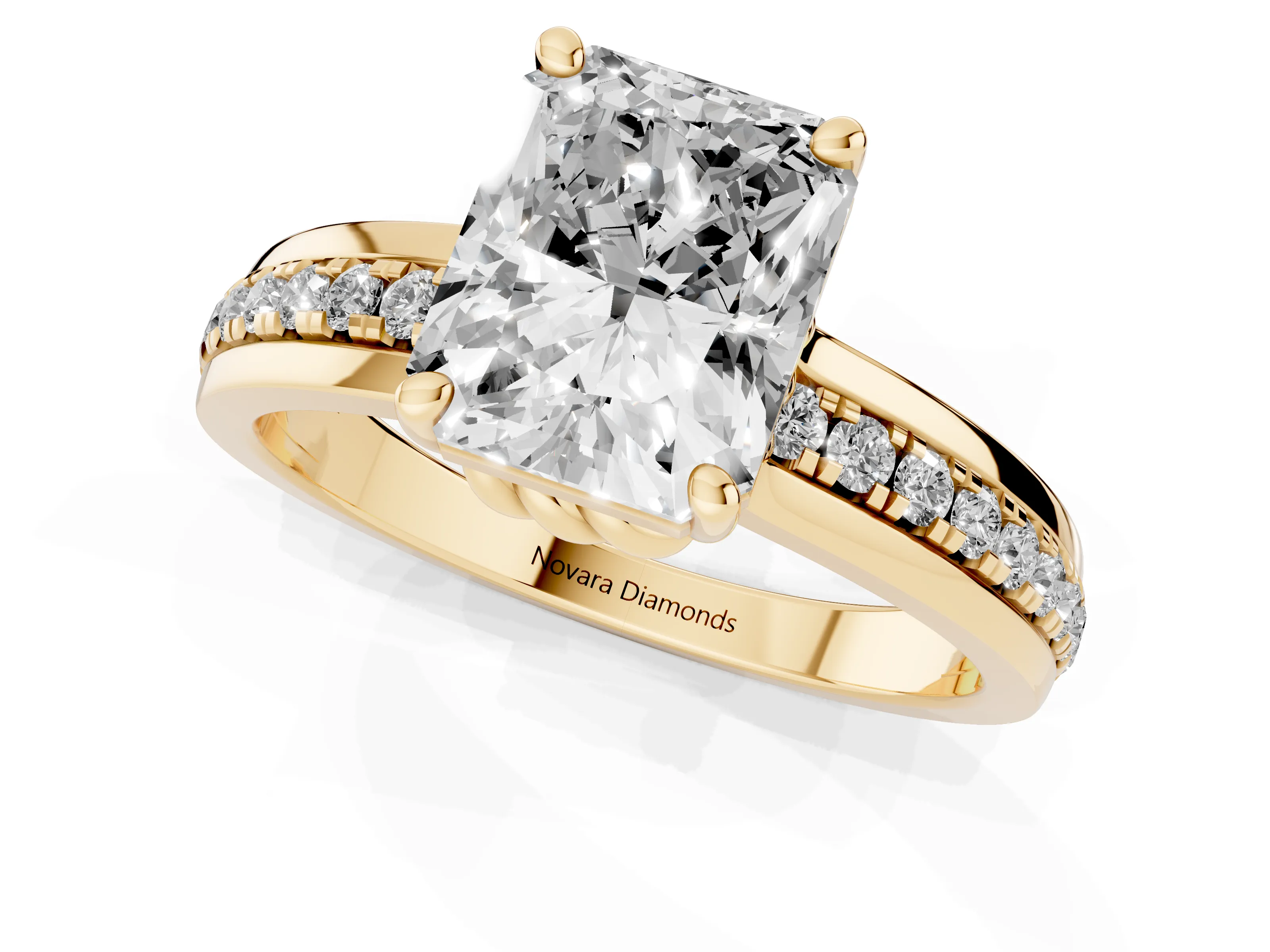 Radiant Cut Diamond Solitaire Ring Set in Yellow gold with Channel Set Band and Prong Setting