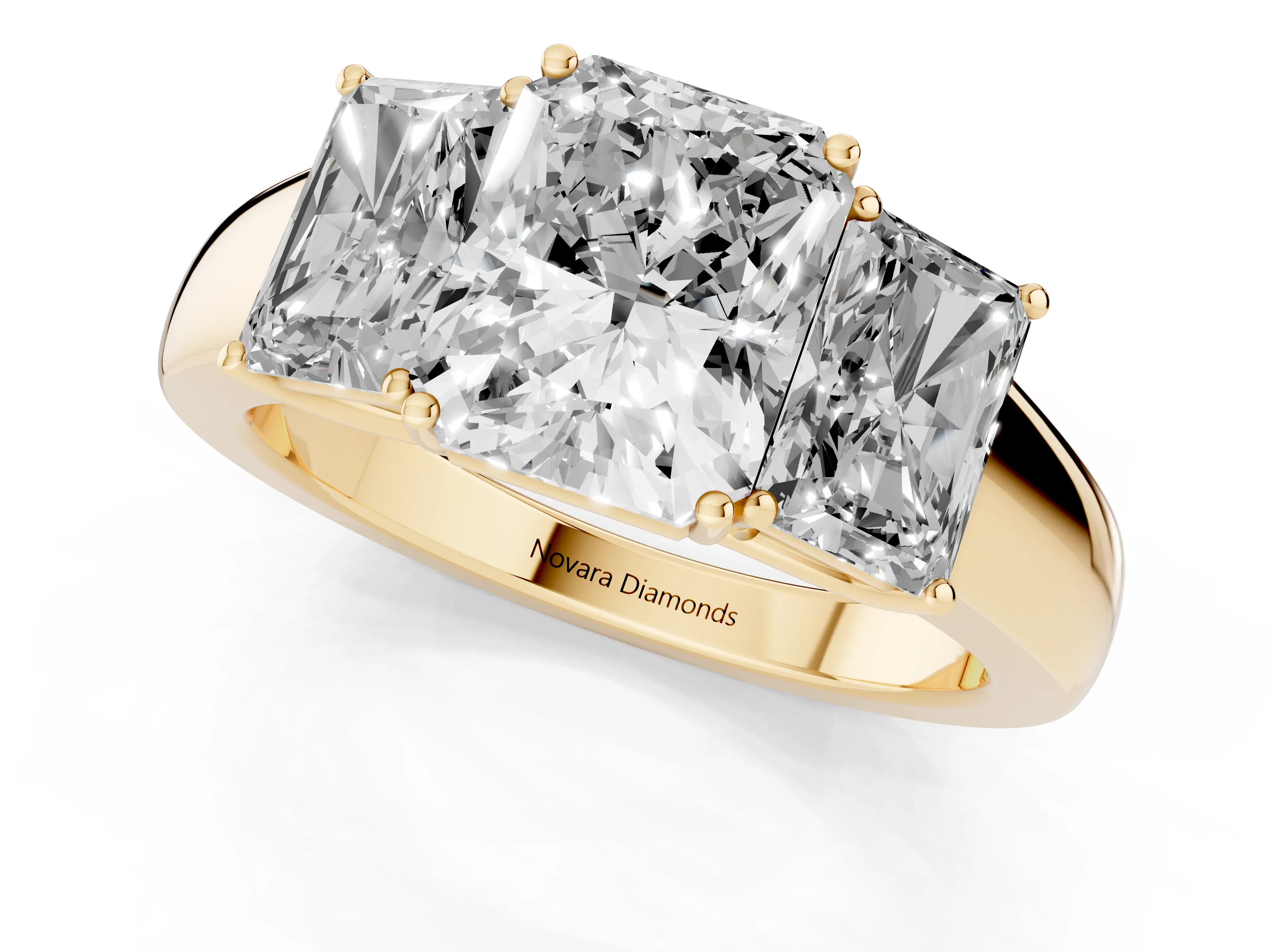 Three-Stone Radiant Cut Diamond Ring Set in Yellow gold with Matching Prong Settings and Plain Band – second view