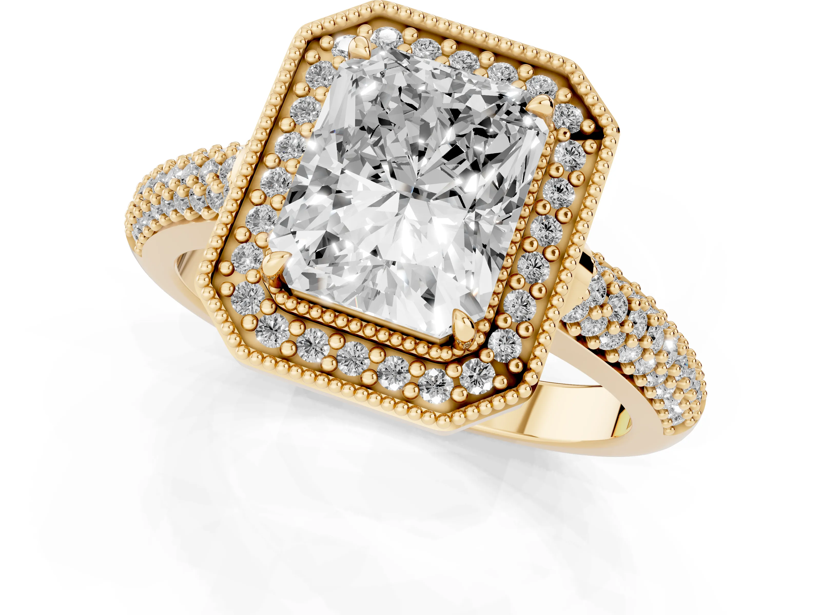 Radiant Cut Diamond Halo Pavé Band Set in Yellow gold with Prong Setting