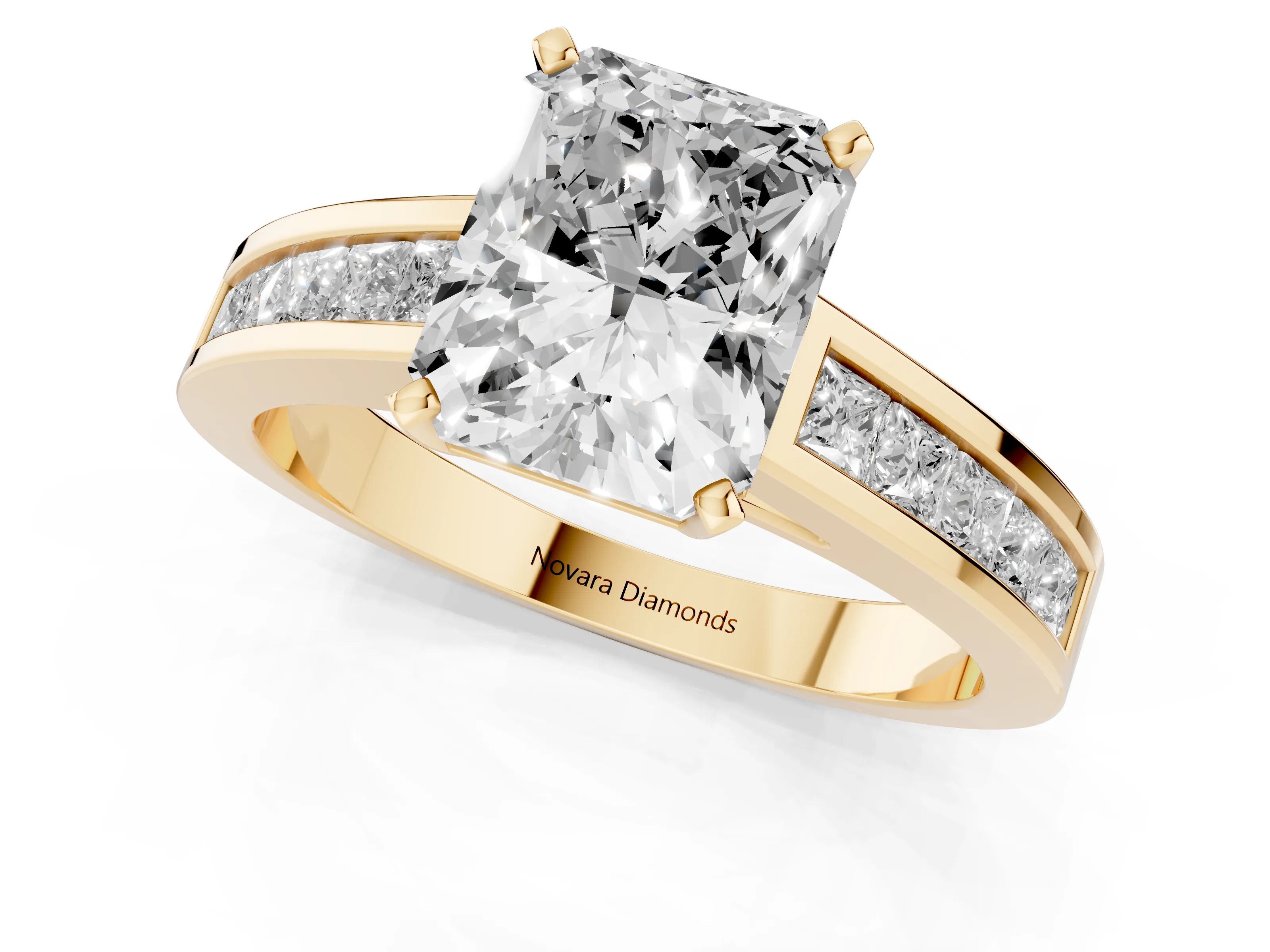 Radiant Cut Diamond Solitaire Ring Set in Yellow gold with Channel-Set Band and Prong Setting