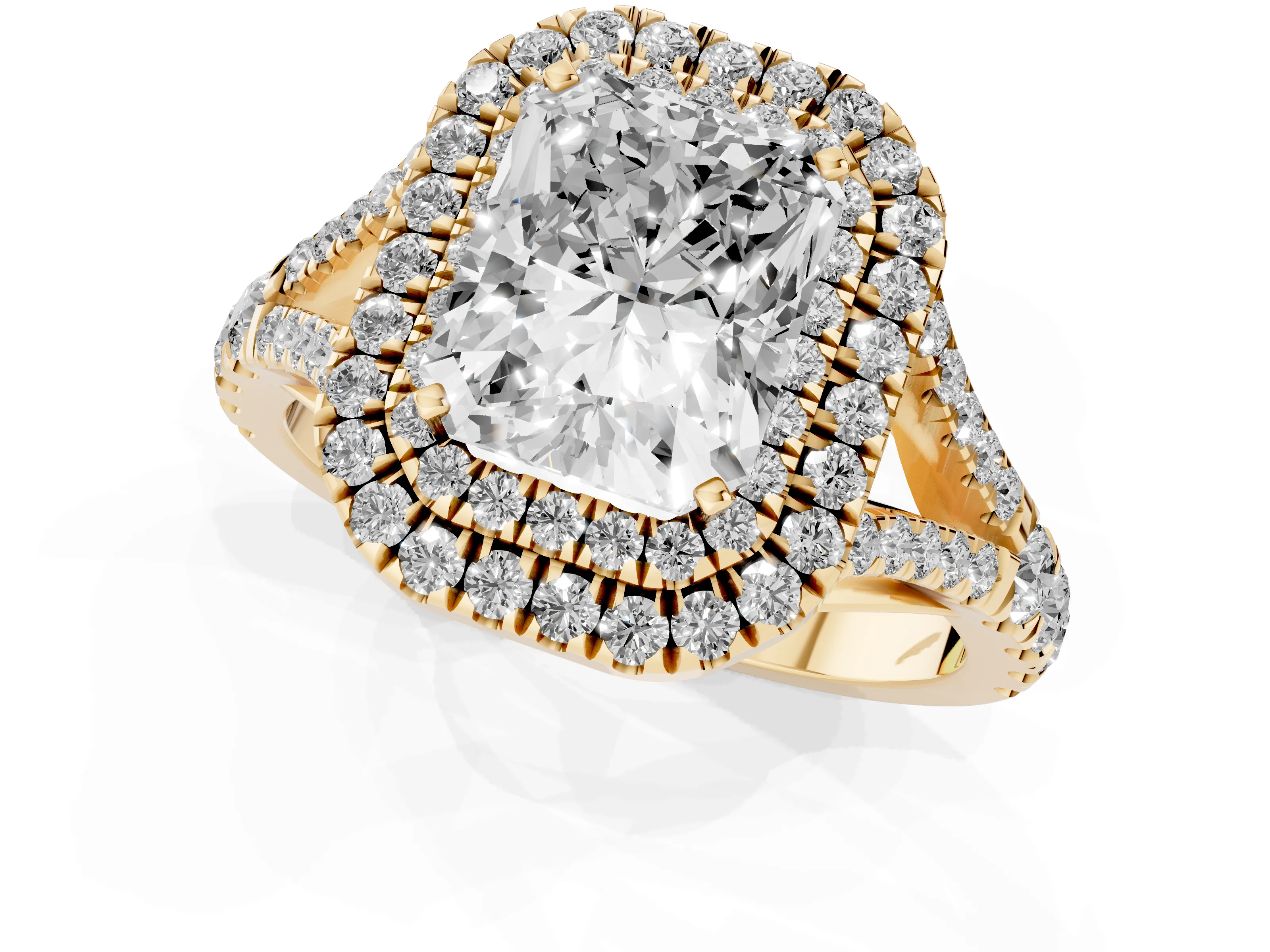 Radiant Cut Diamond Pavé Split Shank Double Halo Engagement Ring Set in Yellow gold