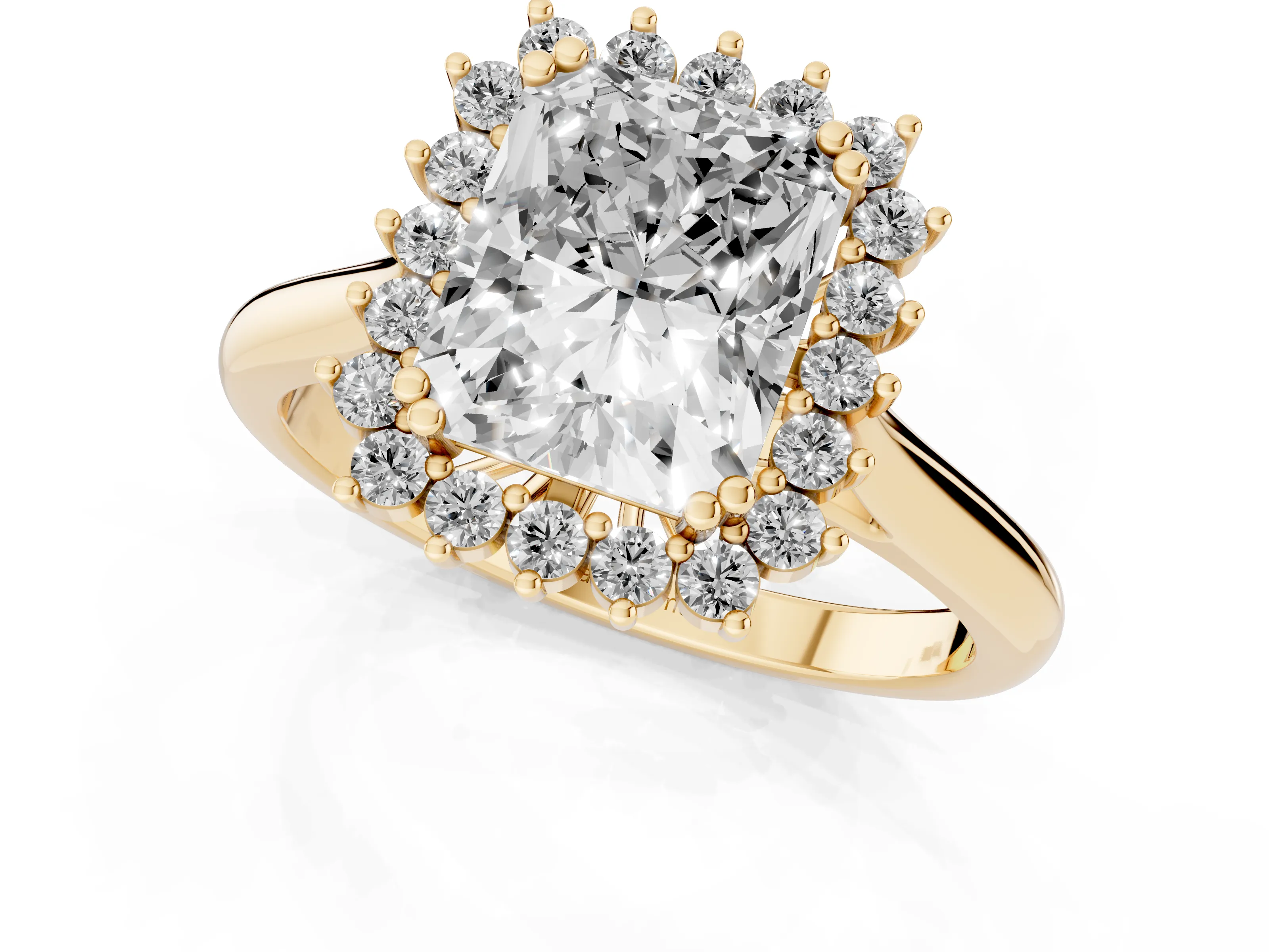 Radiant Cut Diamond Halo Ring Set in Yellow gold with Plain Solitaire Band and Prong Setting – second view