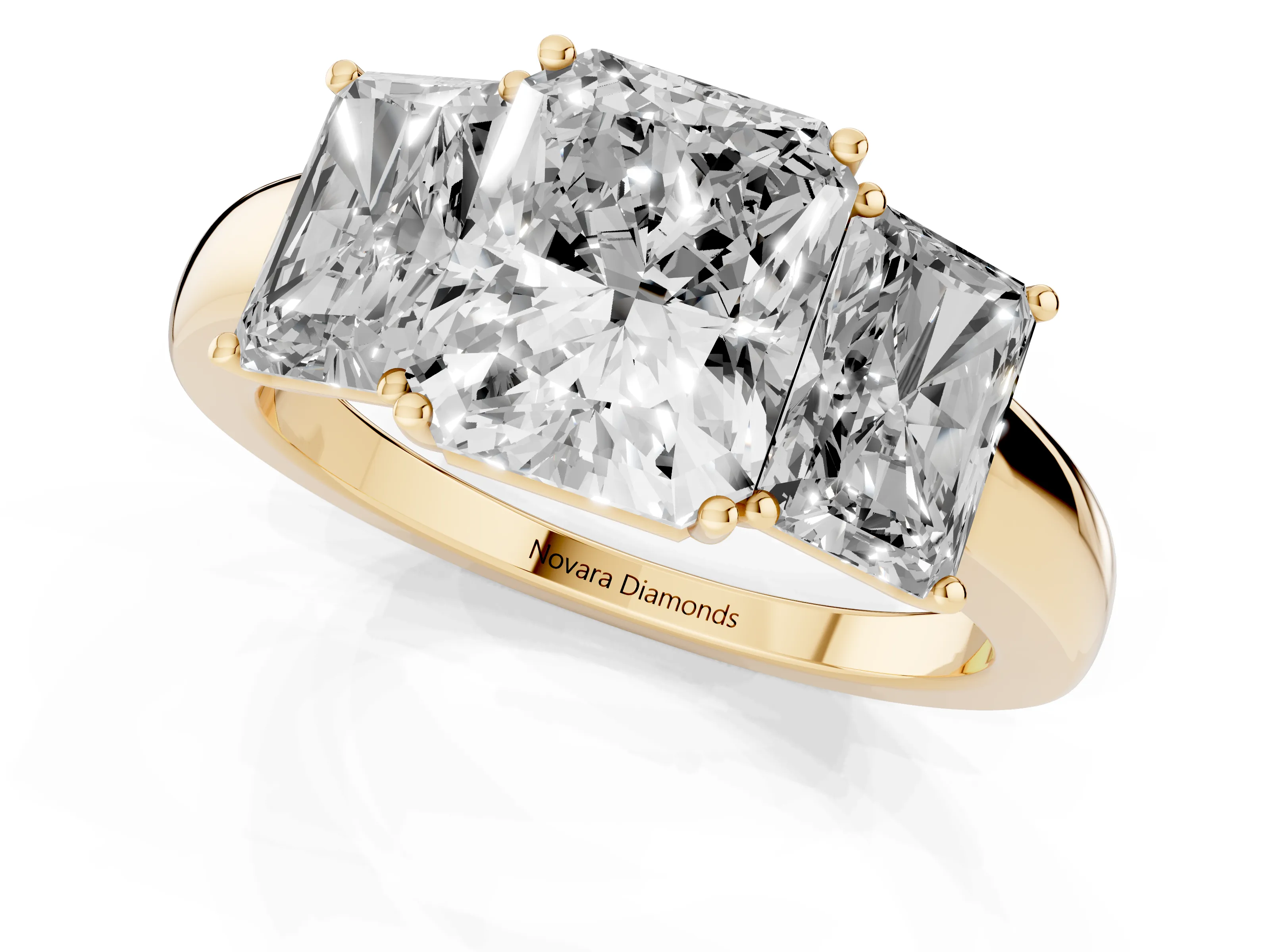 Radiant Cut Diamond Three-Stone Ring Set in Yellow gold with Bold Center and Classic Band