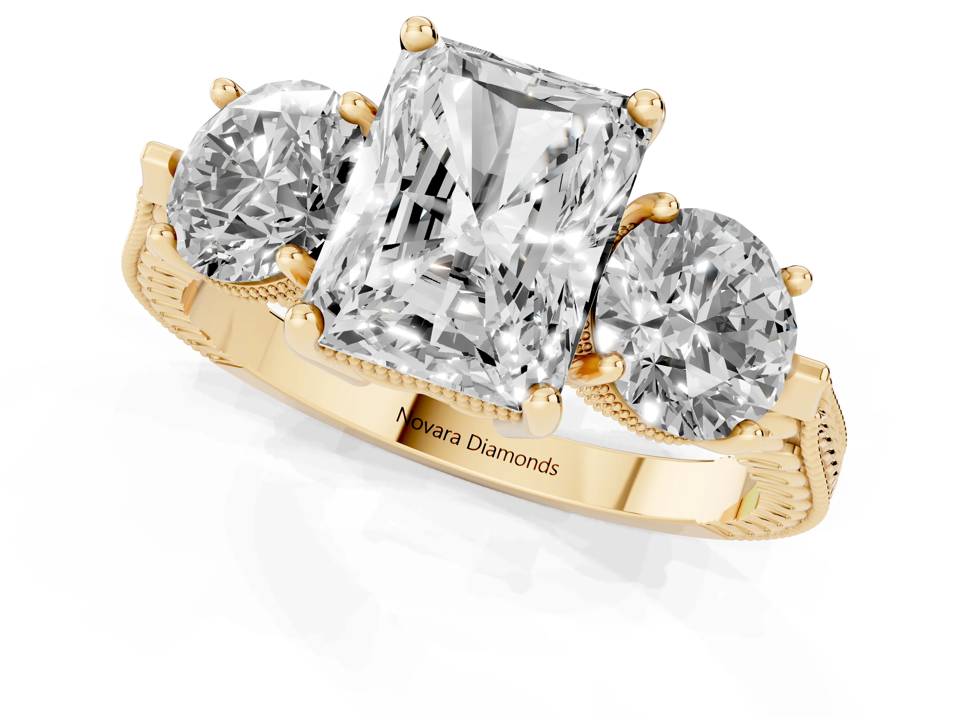 Radiant Cut Diamond Three-Stone Ring Set in Yellow gold with Milgrain Band