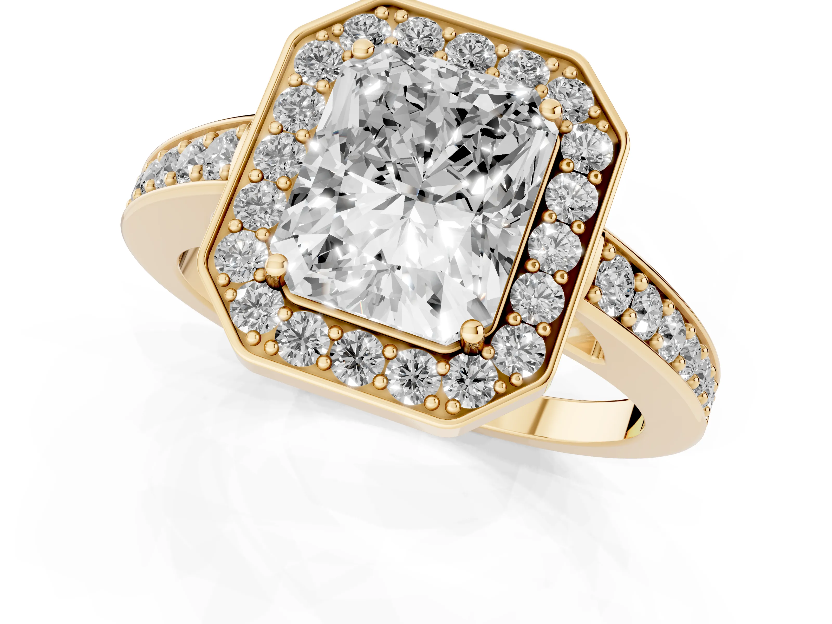 Radiant Cut Diamond Halo Pavé Engagement Ring Set in Yellow gold with Bezel Setting – second view