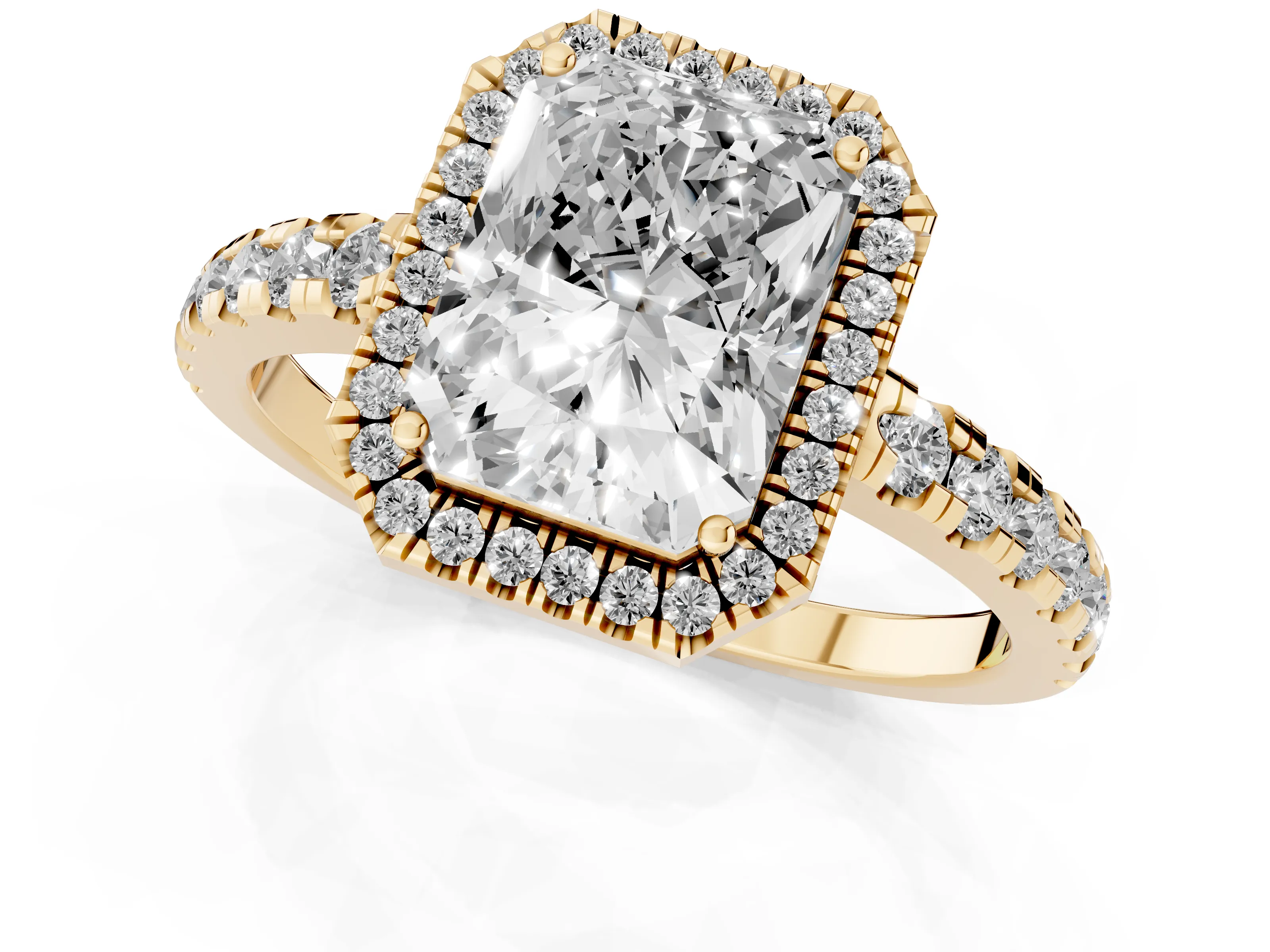 Radiant Cut Diamond Halo Ring Set in Yellow gold with Delicate Pavé Band and Prong Setting