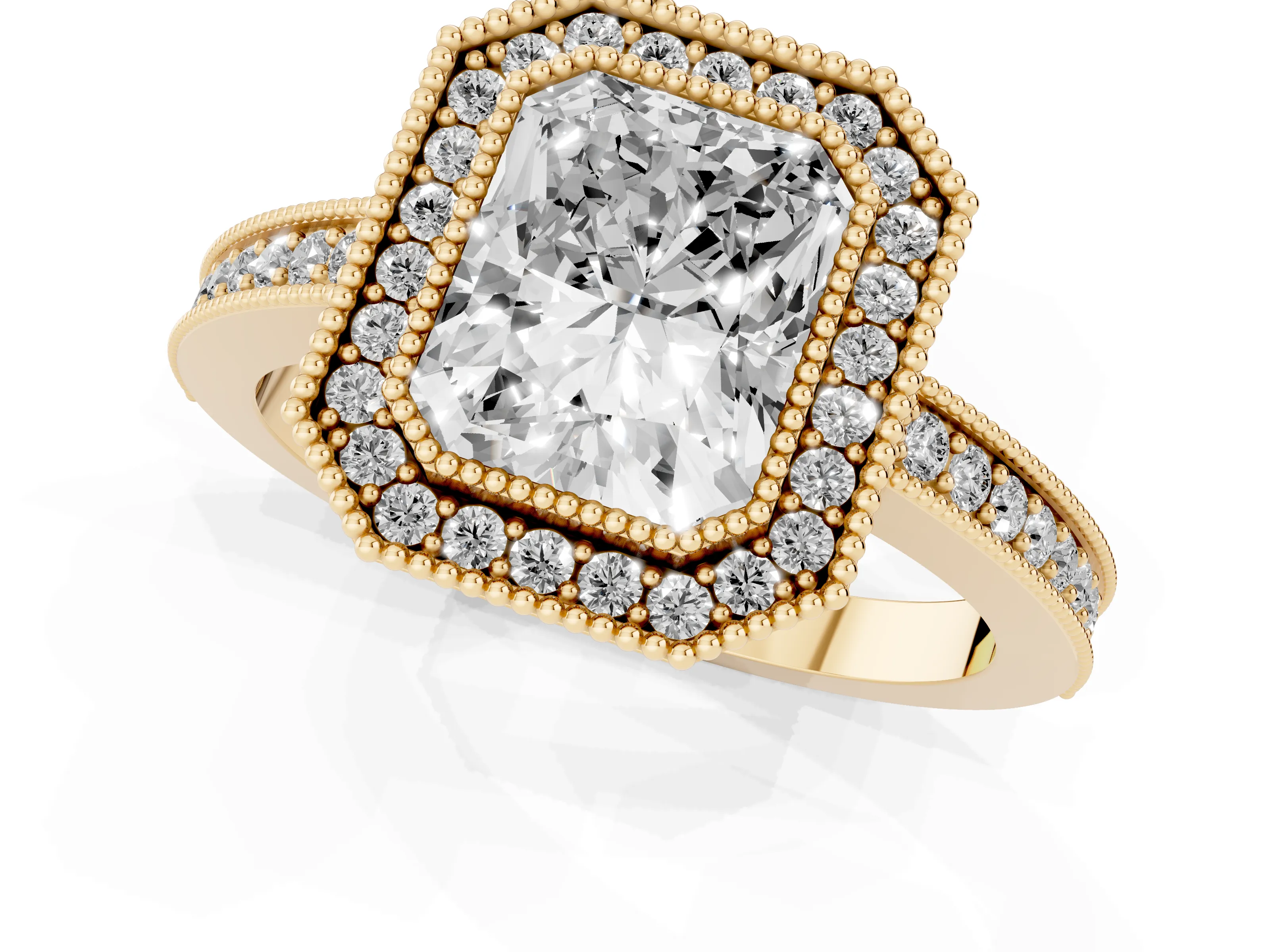 Radiant Cut Diamond Round Halo Ring Set in Yellow gold with Pavé Band