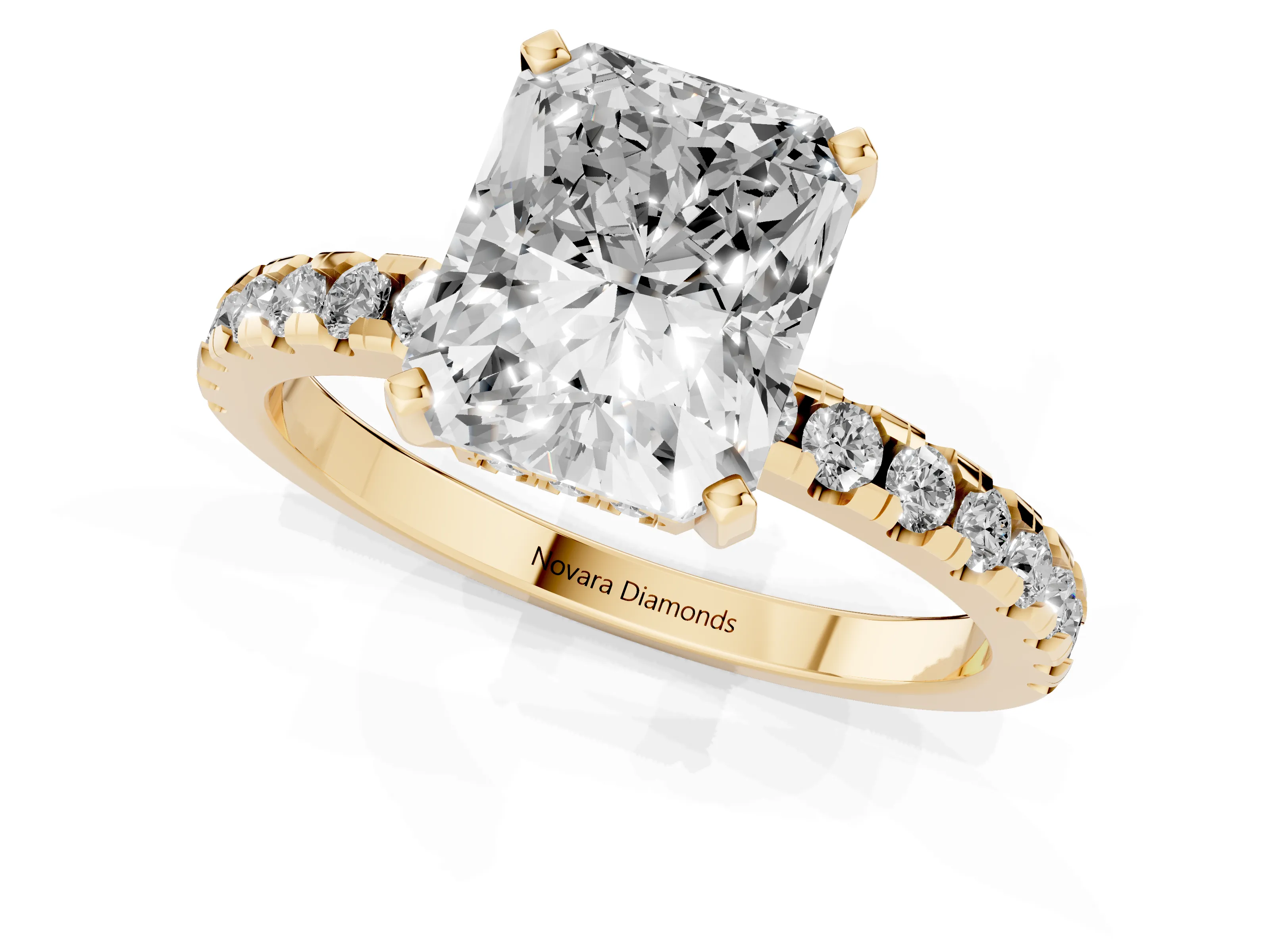 Radiant Cut Diamond Pavé Solitaire Ring Set in Yellow gold with Round Band Accents and Prong Setting