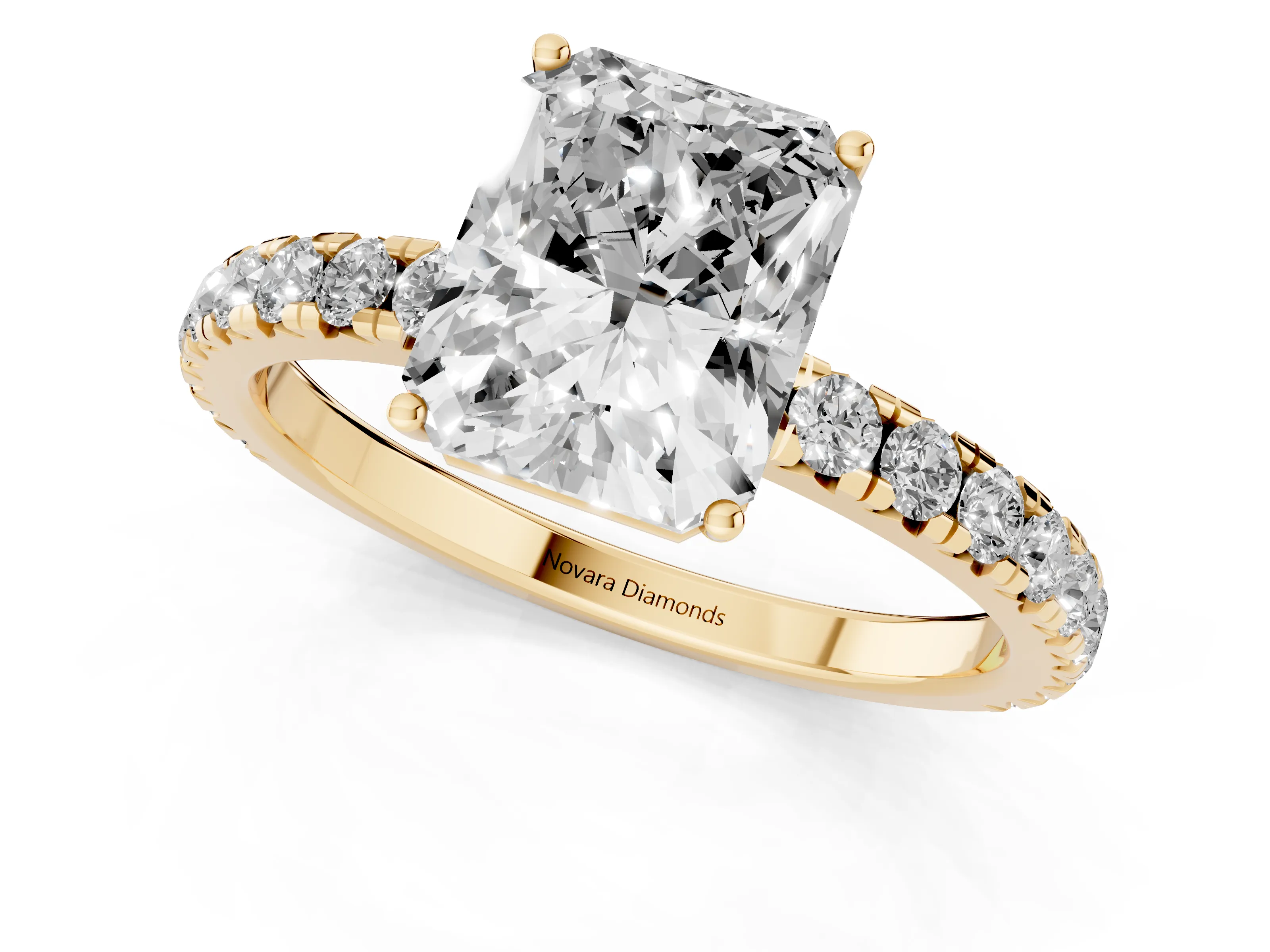 Radiant Cut Diamond Pavé Solitaire Engagement Ring Set in Yellow gold with Prong Setting