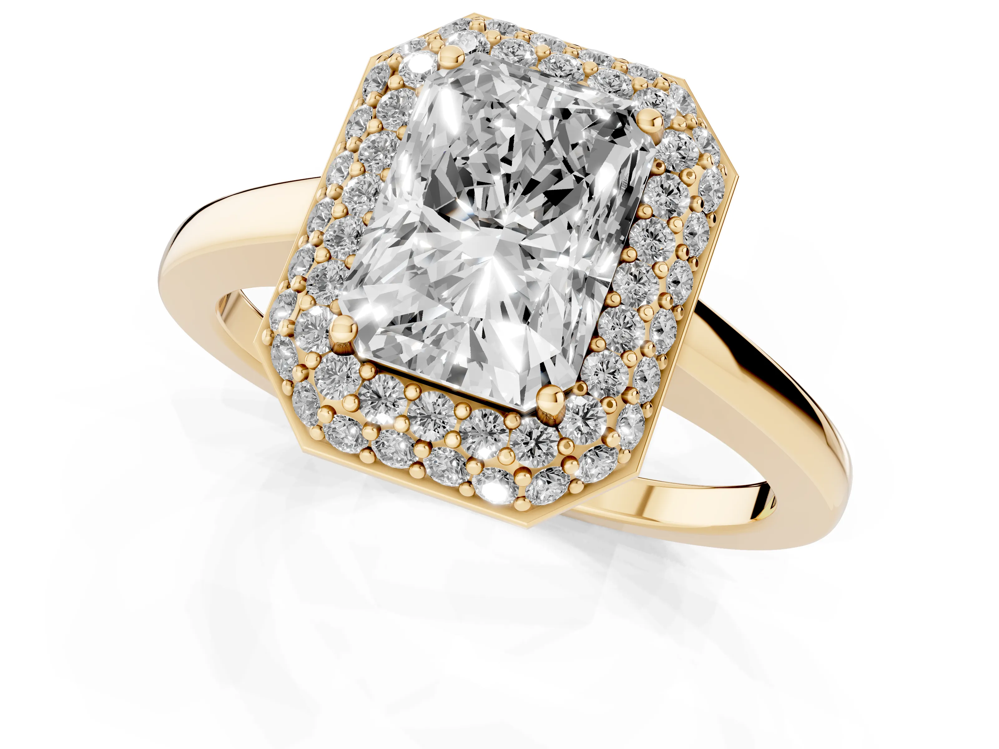 Radiant Cut Diamond Halo Engagement Ring Set in Yellow gold with Solitaire Band and Prong Setting