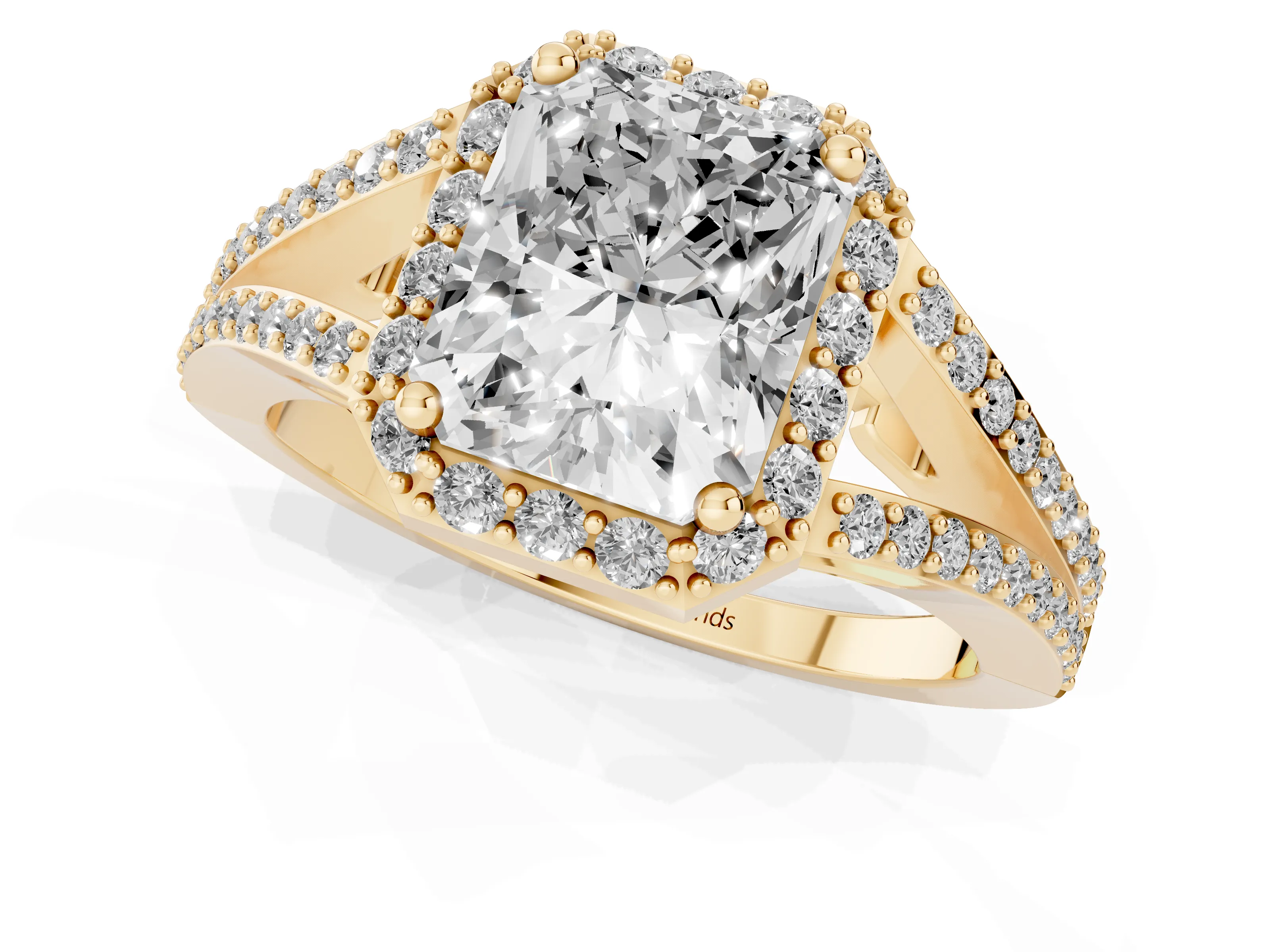 Radiant Cut Diamond Halo Split Shank Pavé Ring Set in Yellow gold with Prong Setting