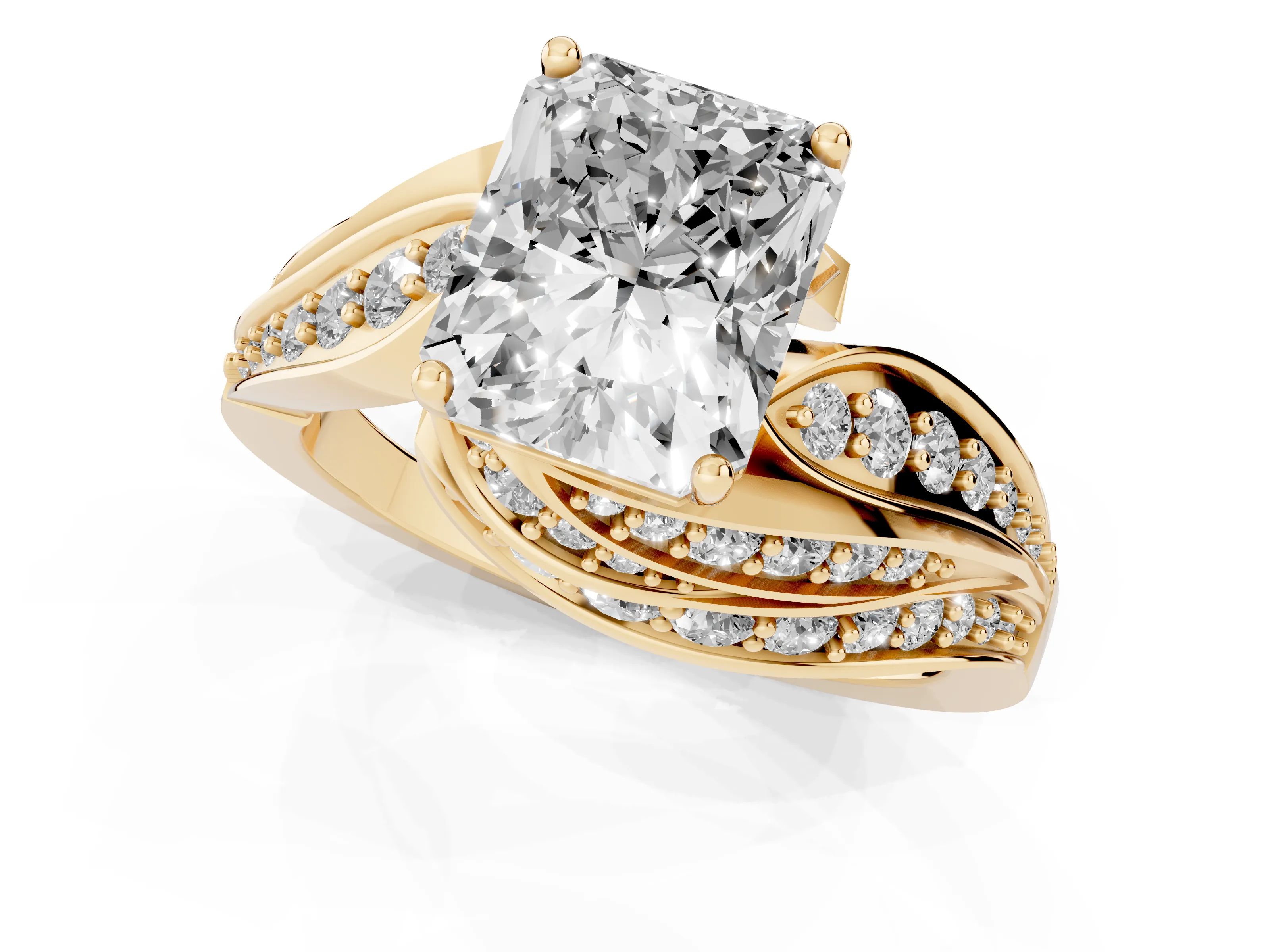 Radiant Cut Diamond Solitaire Ring Set in Yellow gold with Layered Twist Pavé Band