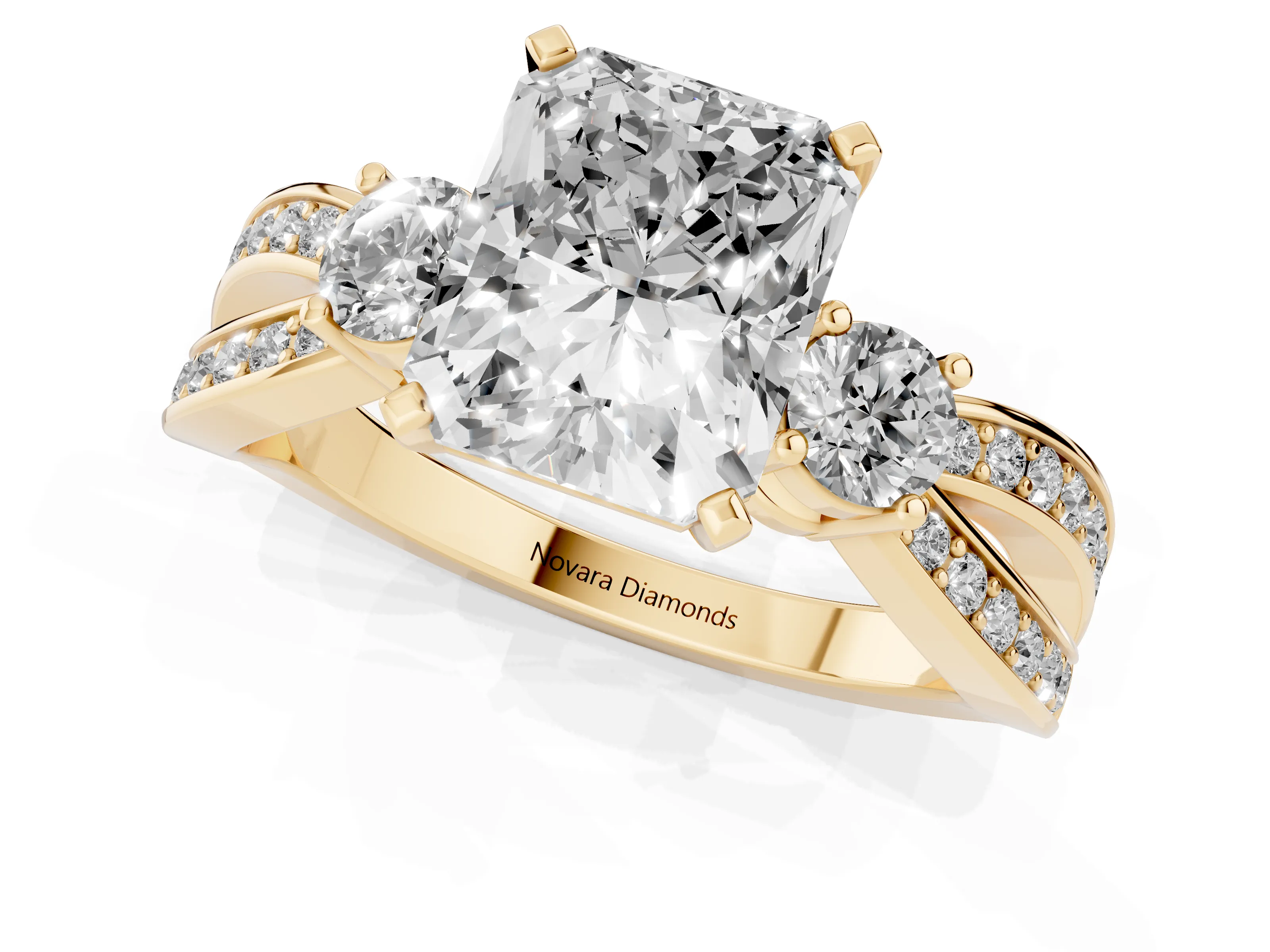 Three-Stone Radiant Cut Diamond Twist Band Ring Set in Yellow gold with Pavé Accents and Prong Setting