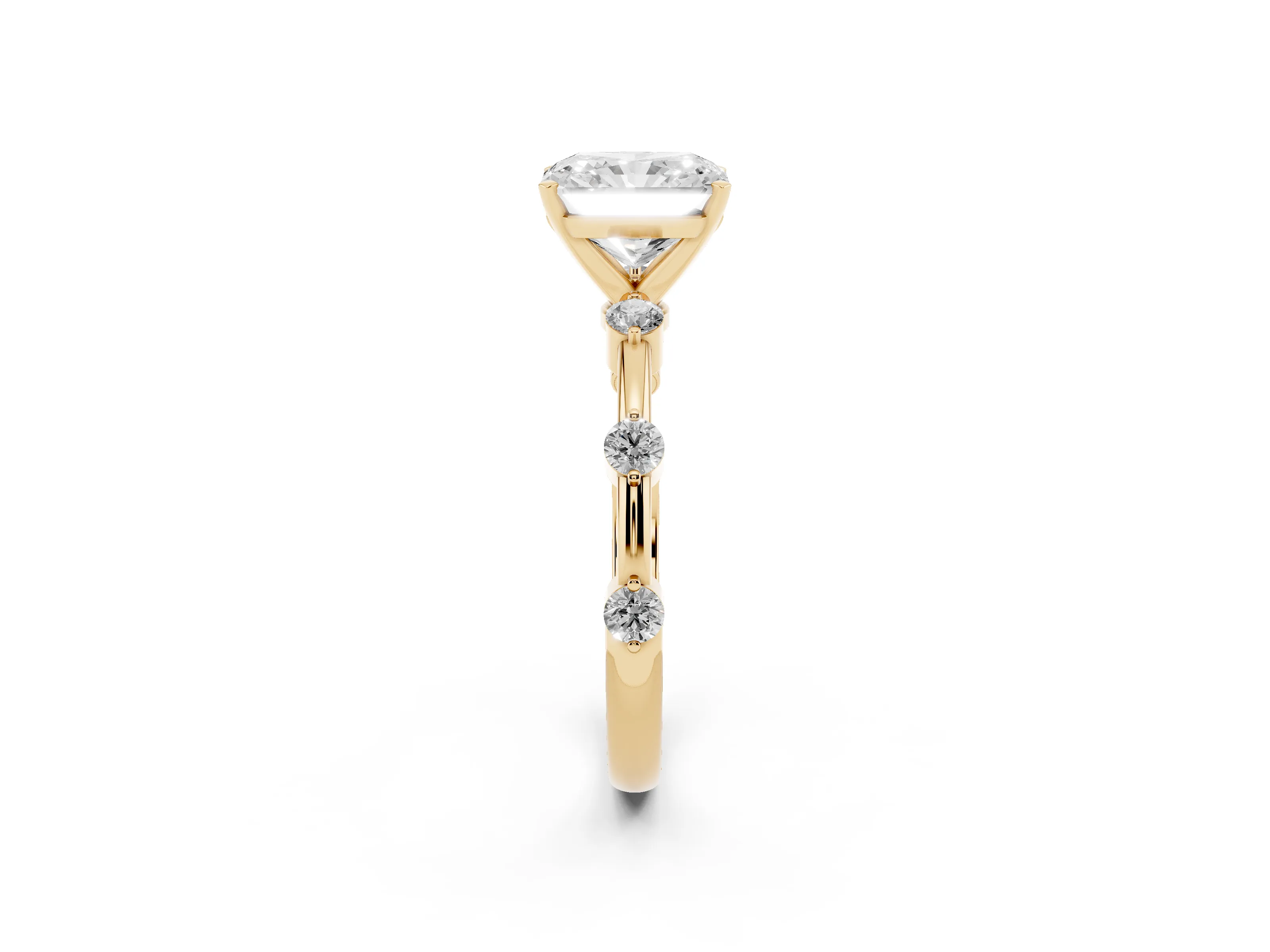 Radiant Cut Diamond Solitaire Ring Set in Yellow gold with Bezel Set Side Stones and Prong Setting