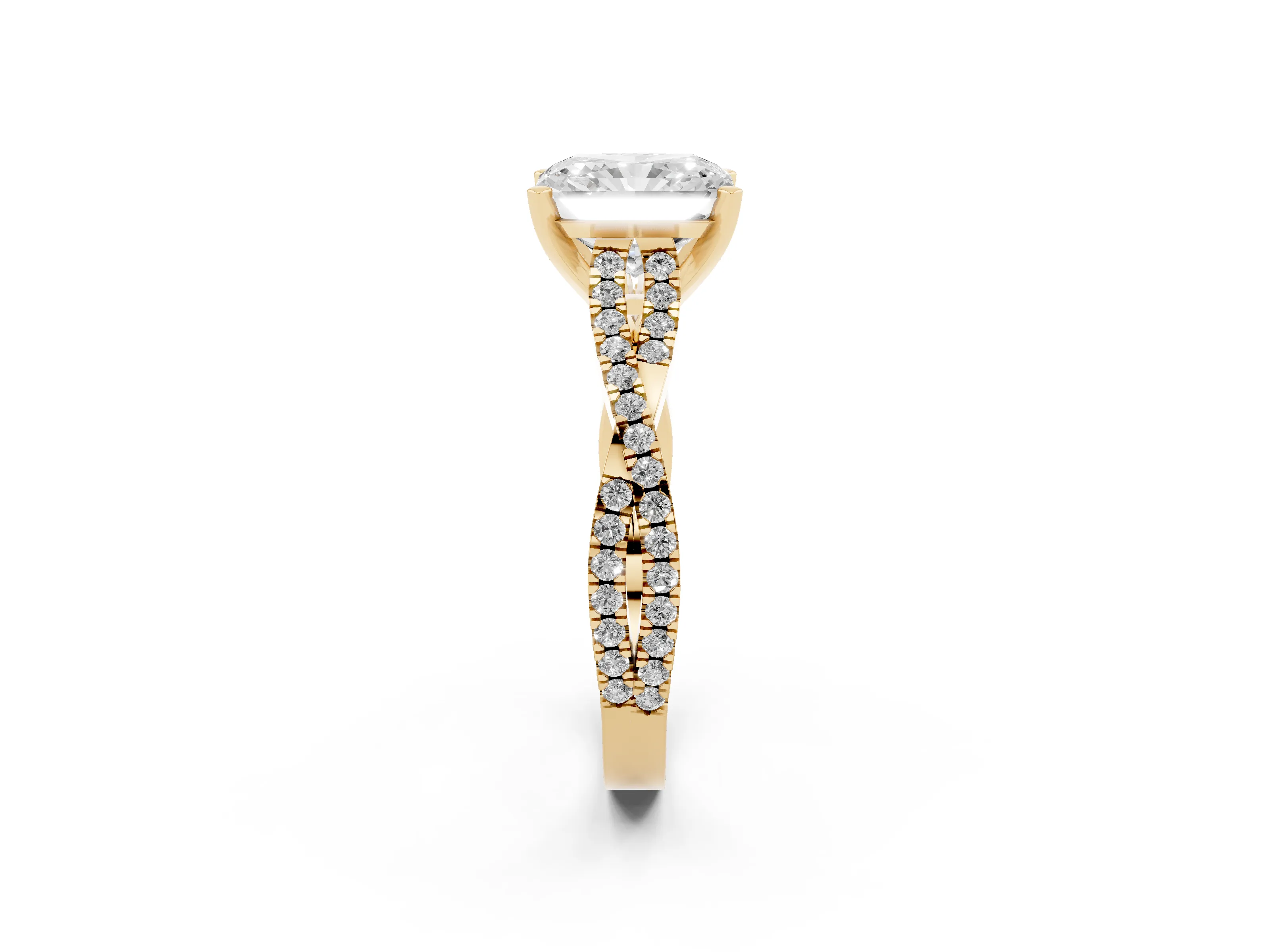Radiant Cut Diamond Solitaire Engagement Ring Set in Yellow gold with Twisted Pavé Band and Prong Setting