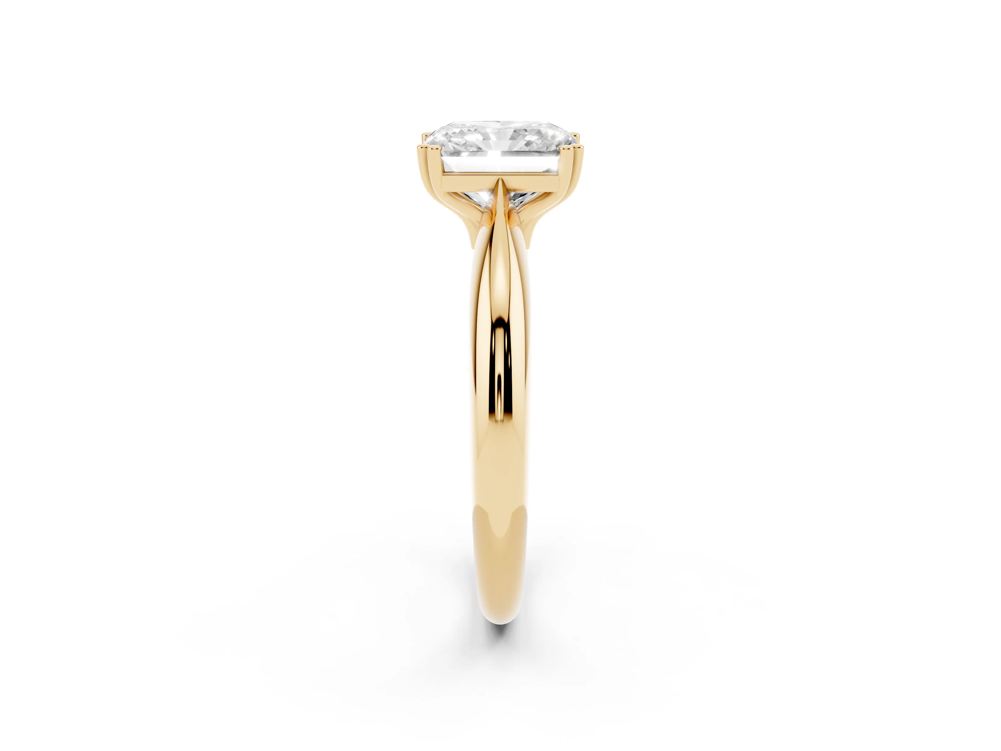 Radiant Cut Diamond Solitaire Engagement Ring Set in Yellow gold with Tapered Band and Prong Setting