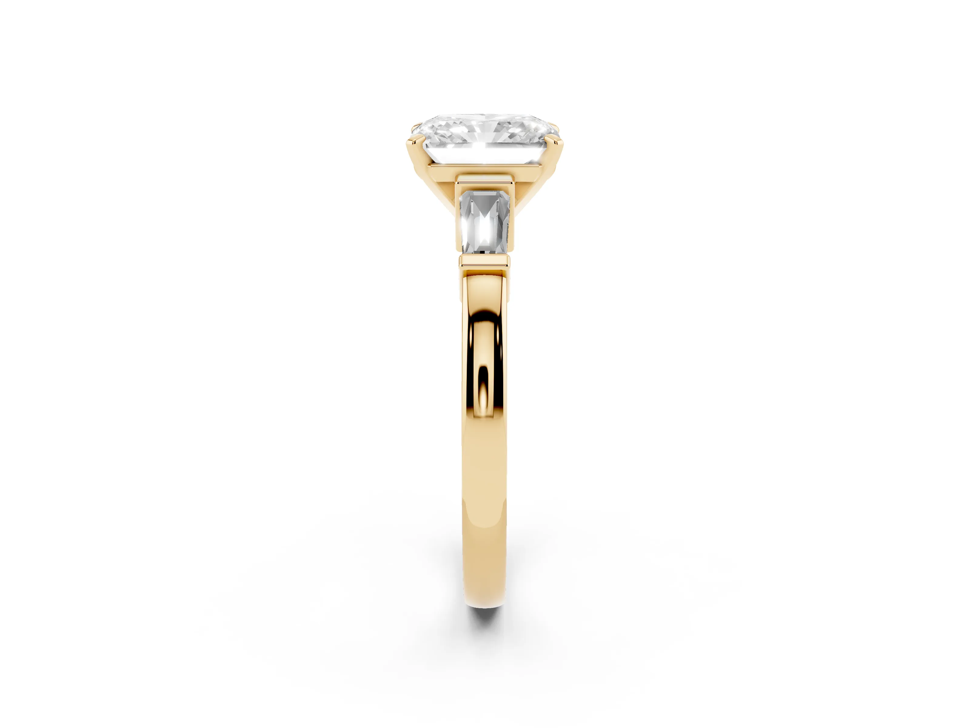 Radiant Cut Diamond Solitaire Ring Set in Yellow gold with Tapered Baguette Accents and Prong Setting