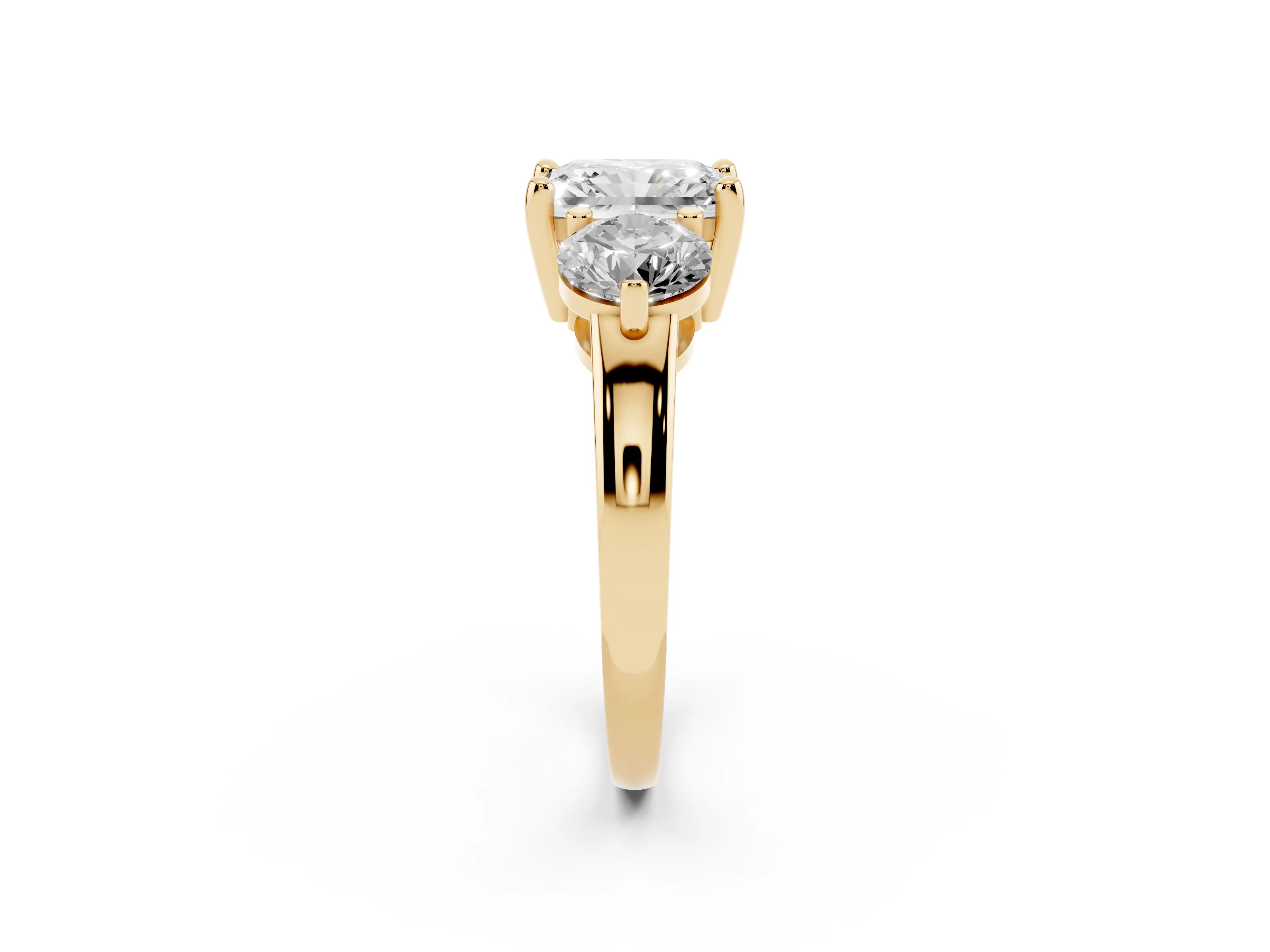Radiant Cut Diamond Three-Stone Ring Set in Yellow gold with Prong Setting and Classic Band