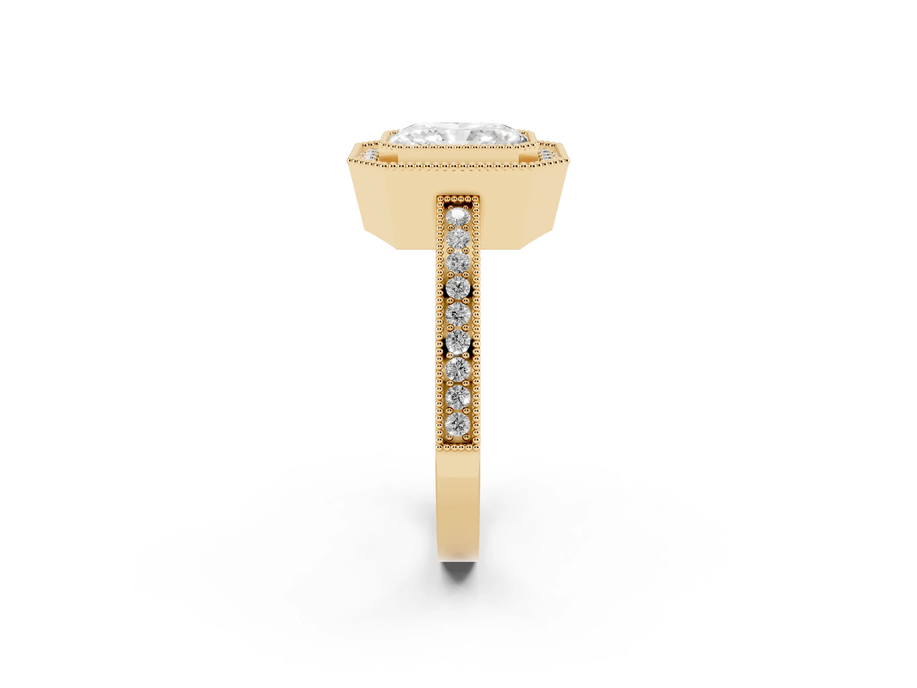 Radiant Cut Diamond Halo Ring Set in Yellow gold with Pavé Band and Milgrain-Edged Prongs