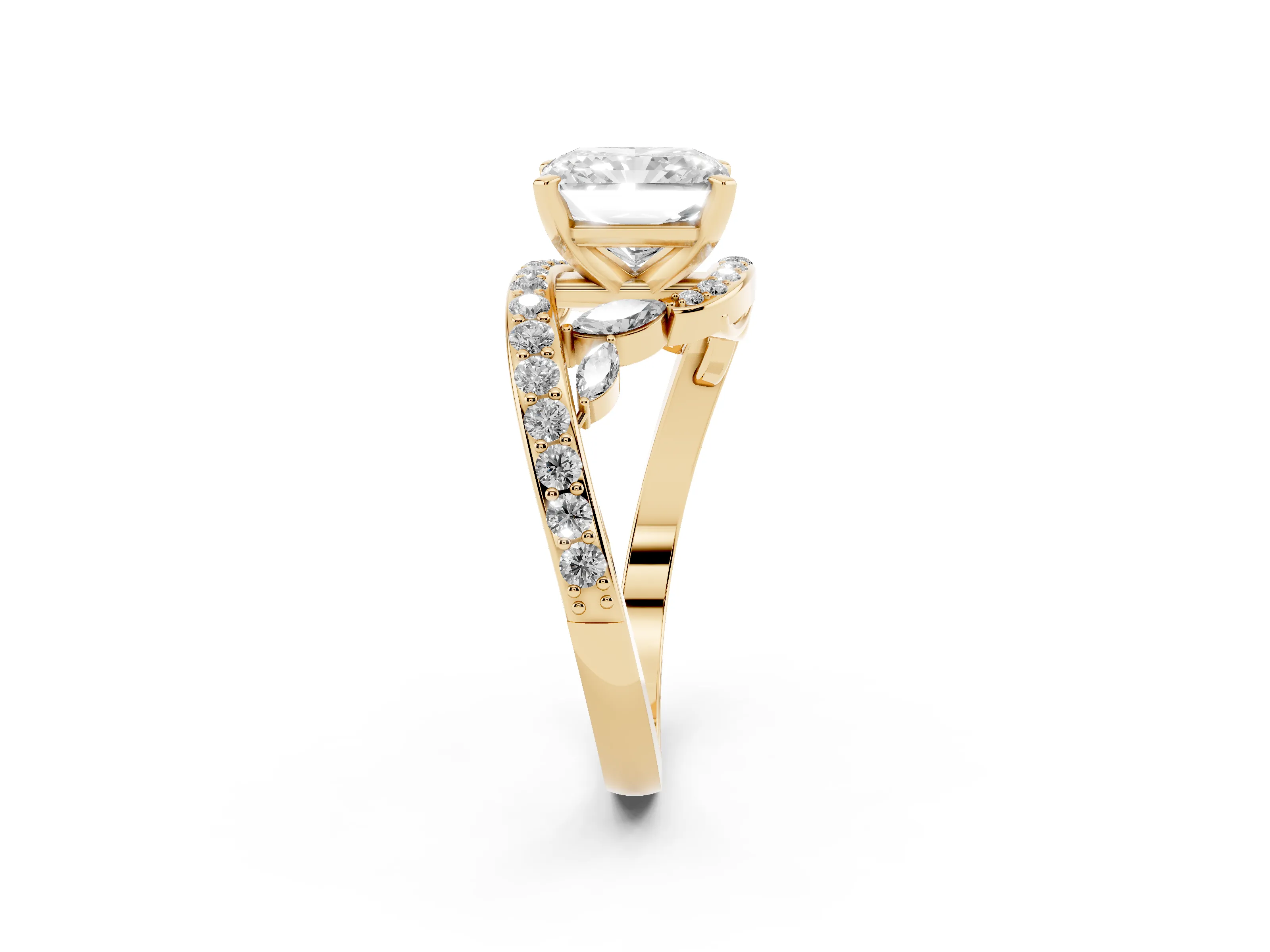 Radiant Cut Diamond Solitaire Ring Set in Yellow gold with Pavé Twist Band and Secure Prong Setting
