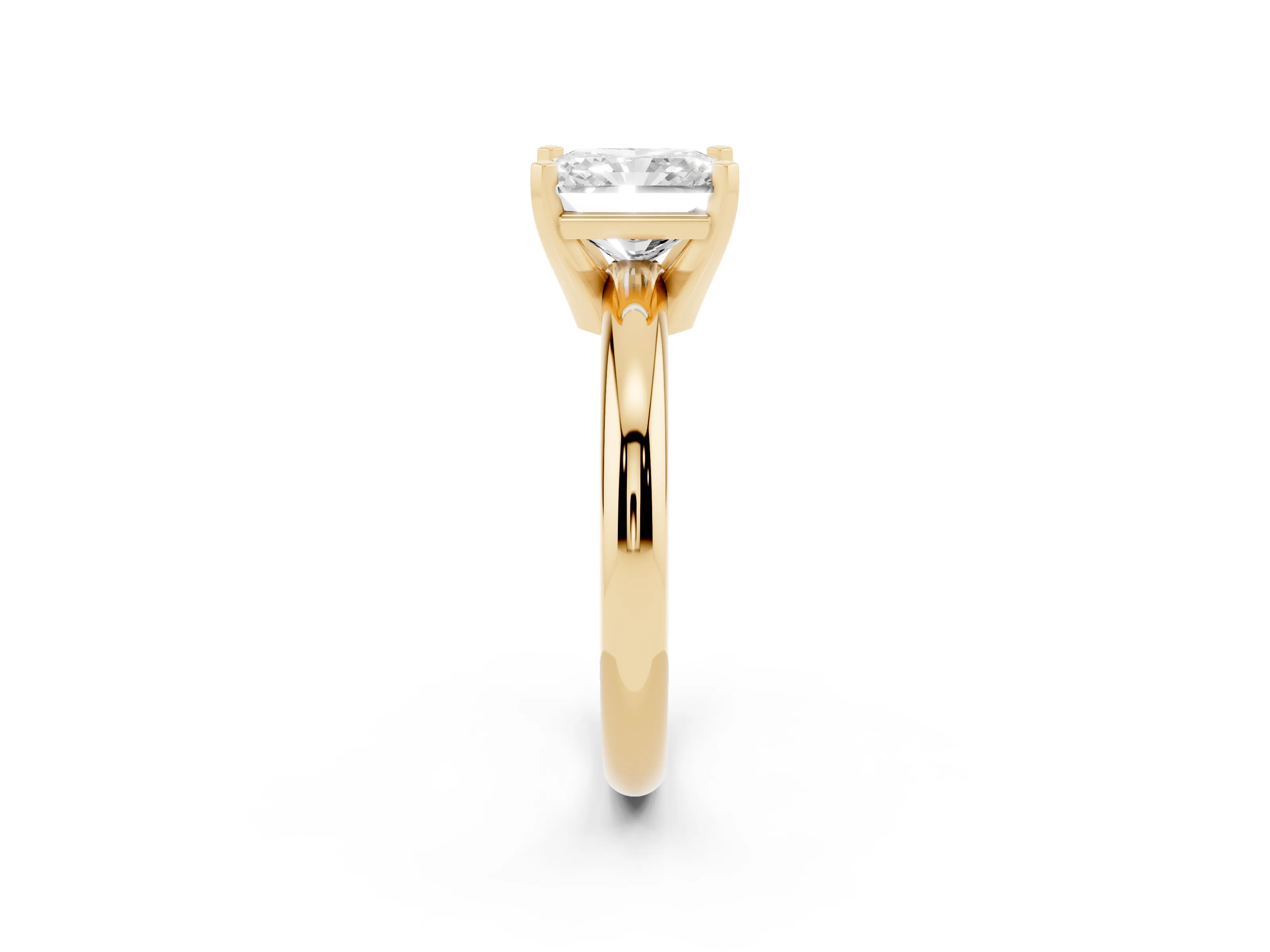 Radiant Cut Diamond Solitaire Engagement Ring Set in Yellow gold with Round Band and Prong Setting