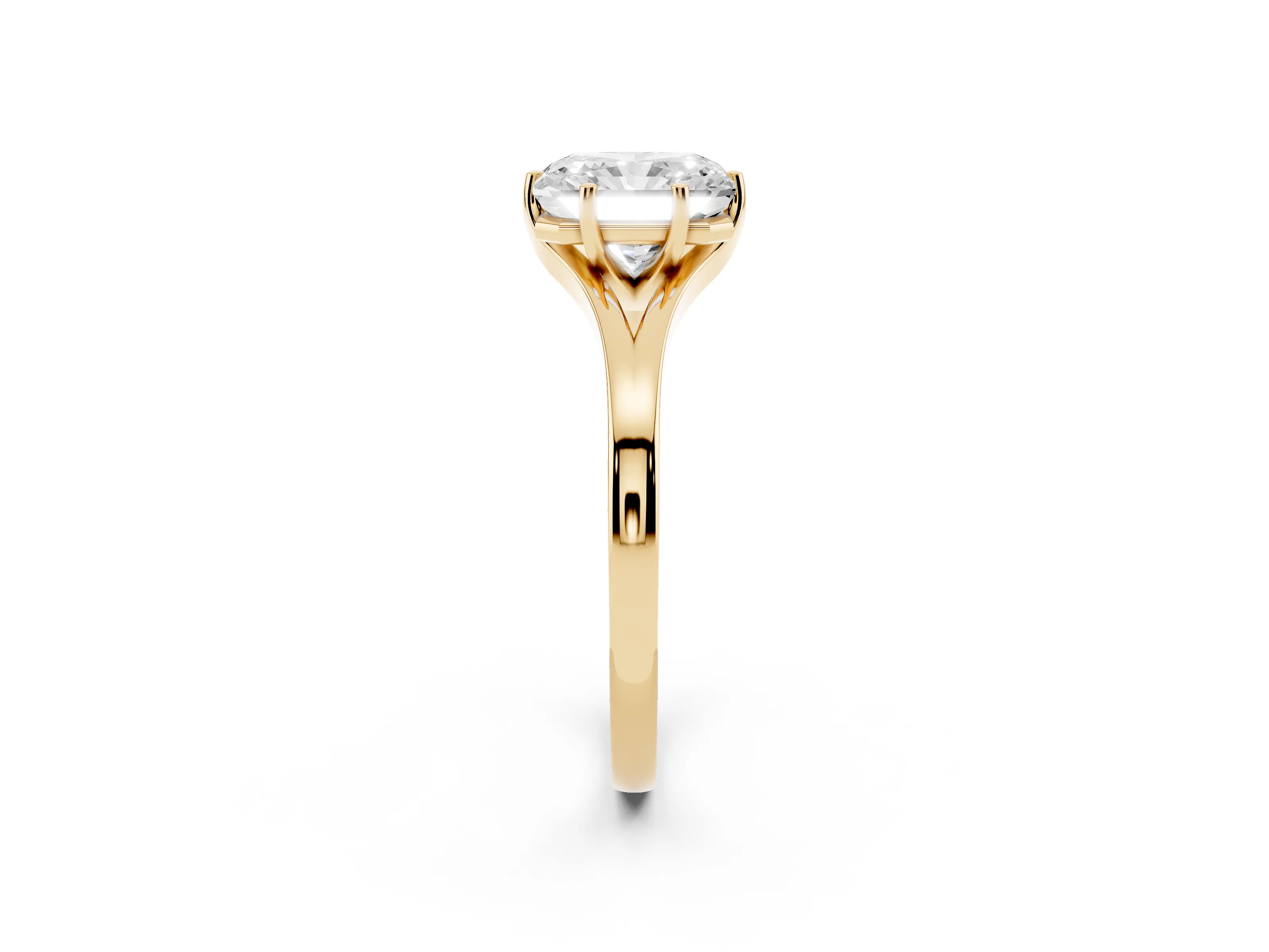 Radiant Cut Diamond Solitaire Ring Set in Yellow gold with Polished Tapered Band and Prong Setting