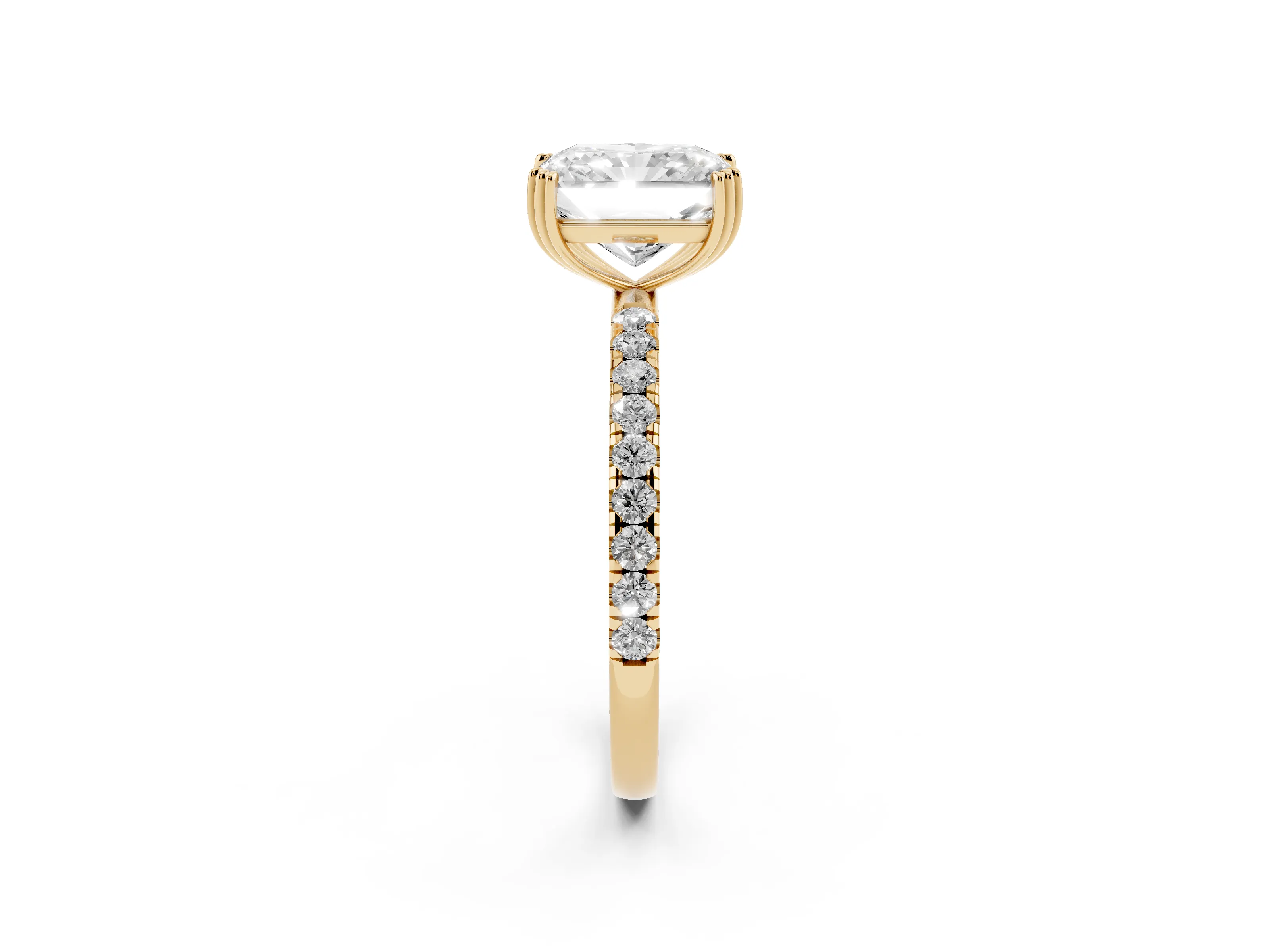 Radiant Cut Diamond Brilliant Solitaire Set in Yellow gold with Pavé Band and Claw Prong Setting