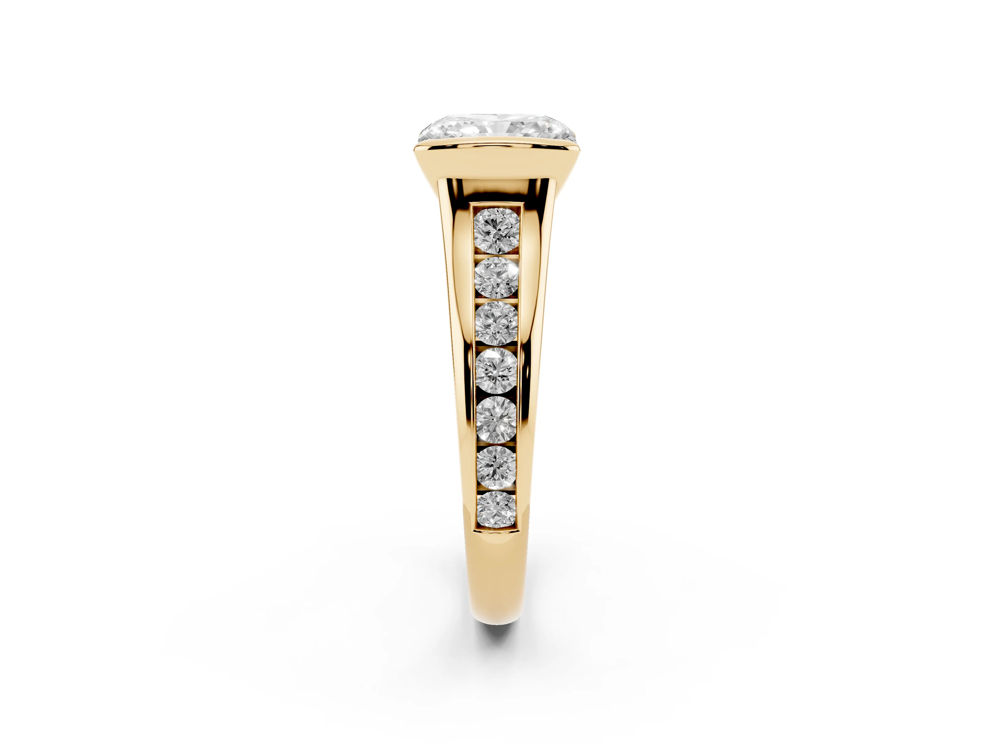 Radiant Cut Diamond Bezel-Set Solitaire Ring Set in Yellow gold with Channel-Set Band