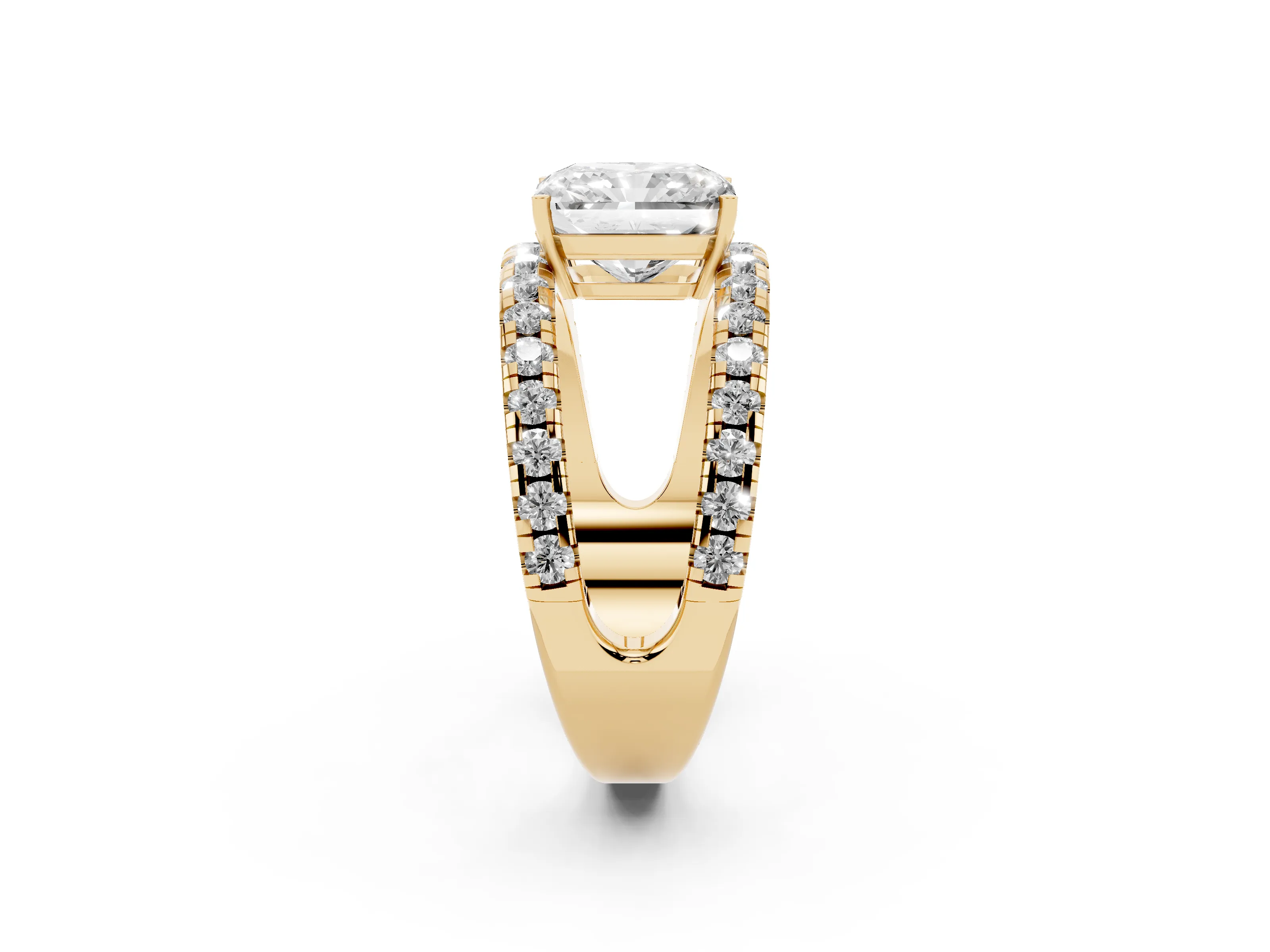 Radiant Cut Diamond Split Shank Pavé Solitaire Ring Set in Yellow gold with Open Shank Design