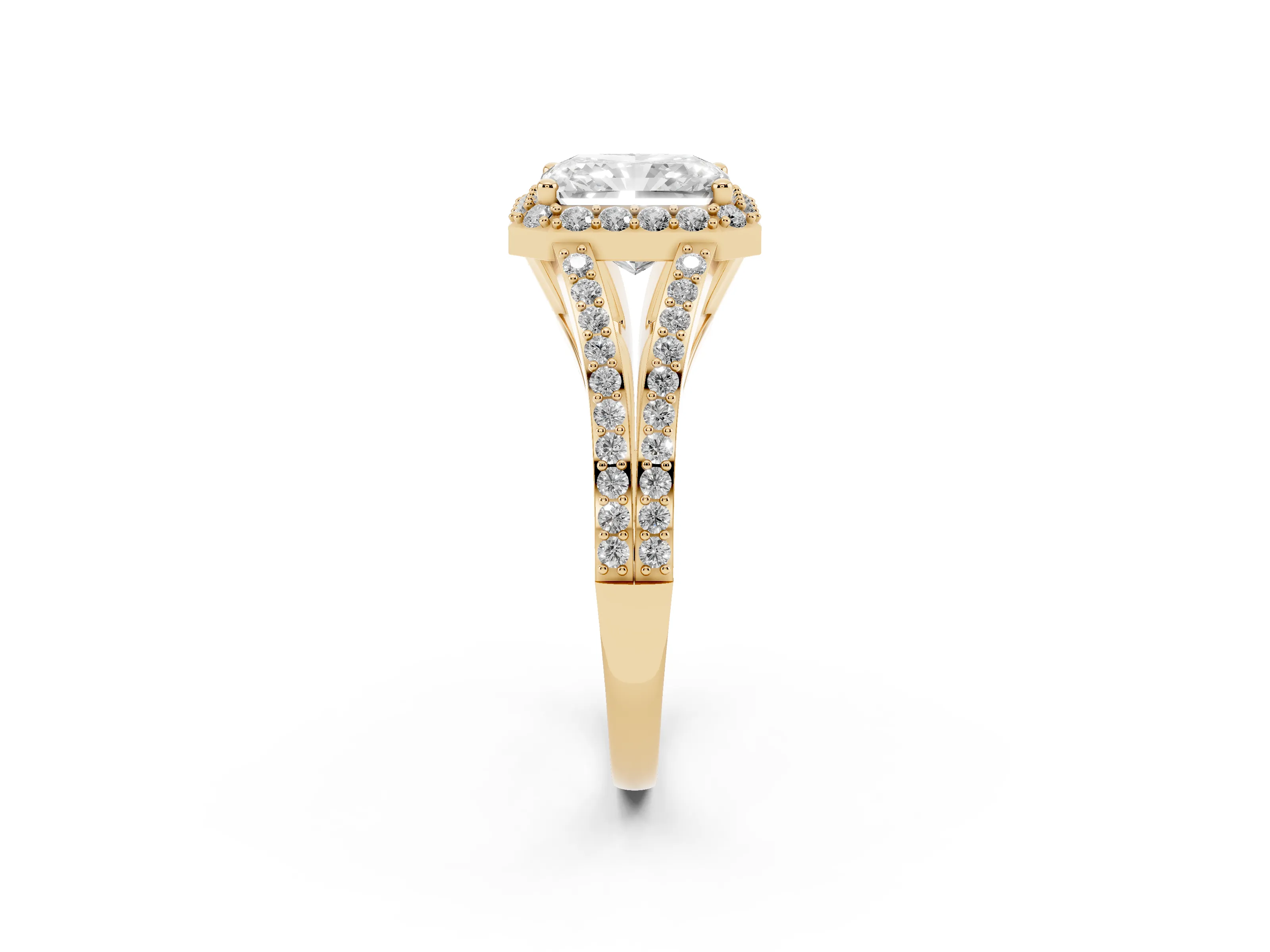 Radiant Cut Diamond Halo Split Shank Pavé Ring Set in Yellow gold with Prong Setting