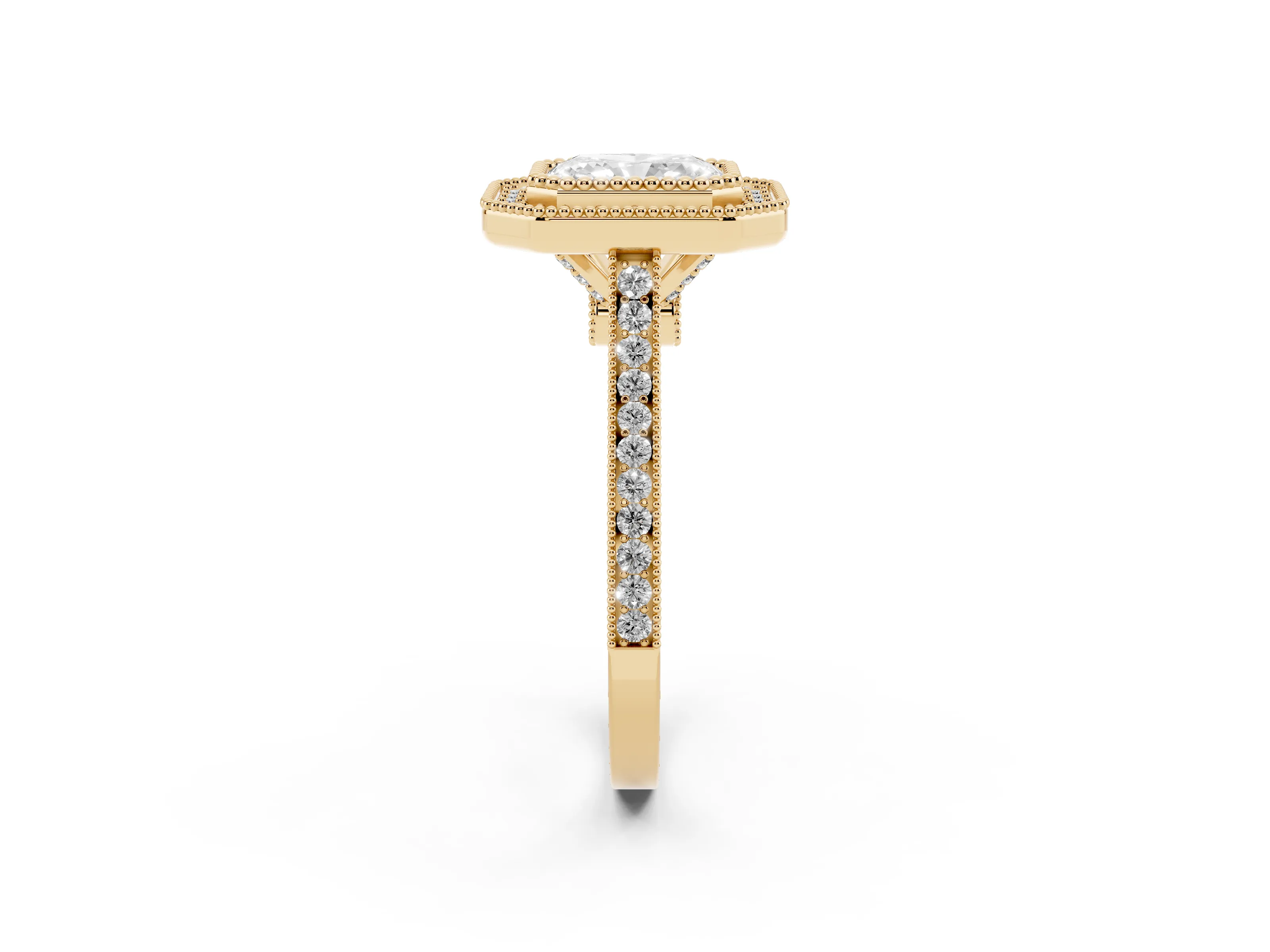 Radiant Cut Diamond Halo Ring Set in Yellow gold with Milgrain Frame and Pavé Band