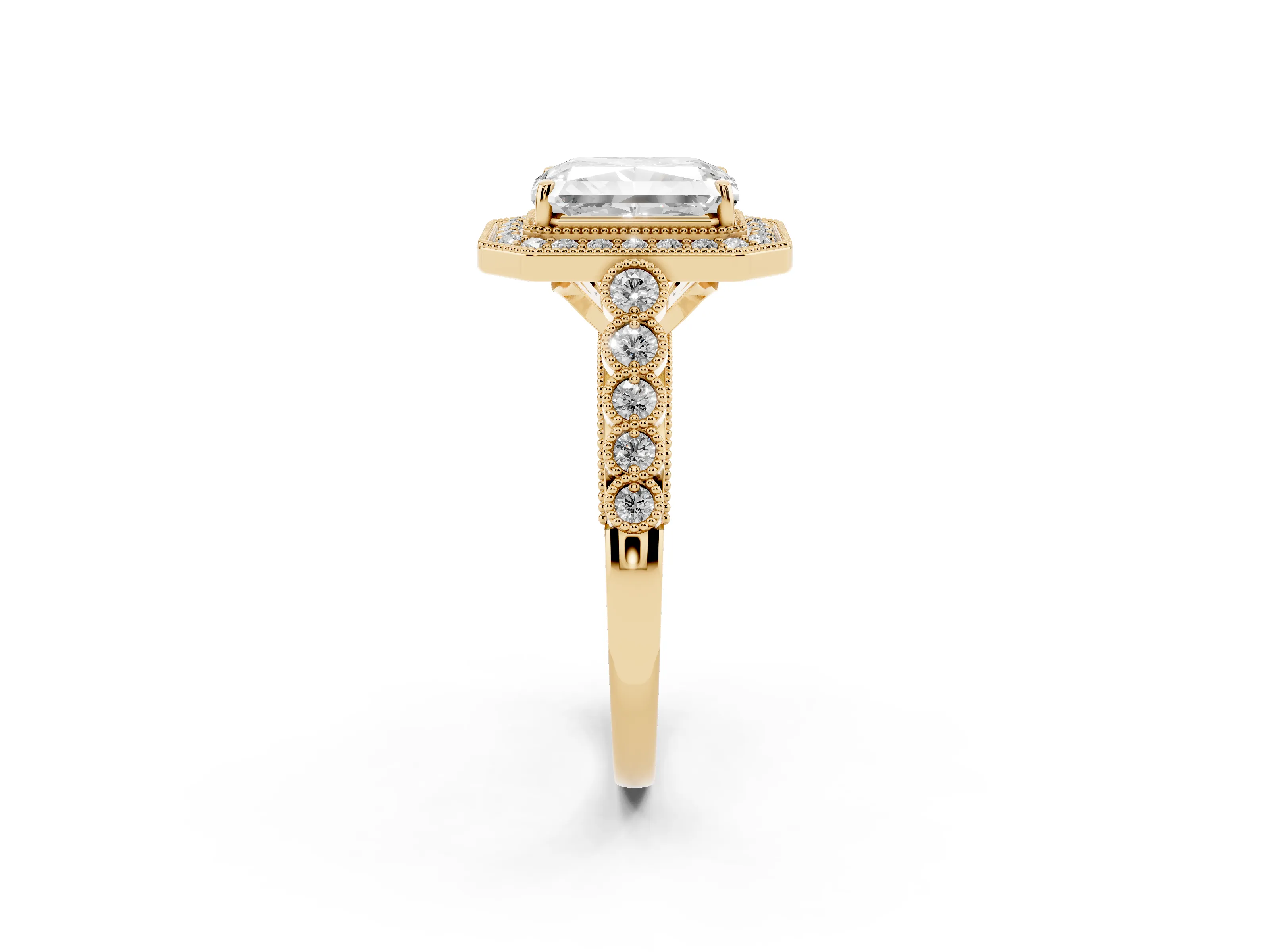 Radiant Cut Diamond Milgrain Halo Solitaire Ring Set in Yellow gold with Bezel Set Side Stones and Pavé Band
