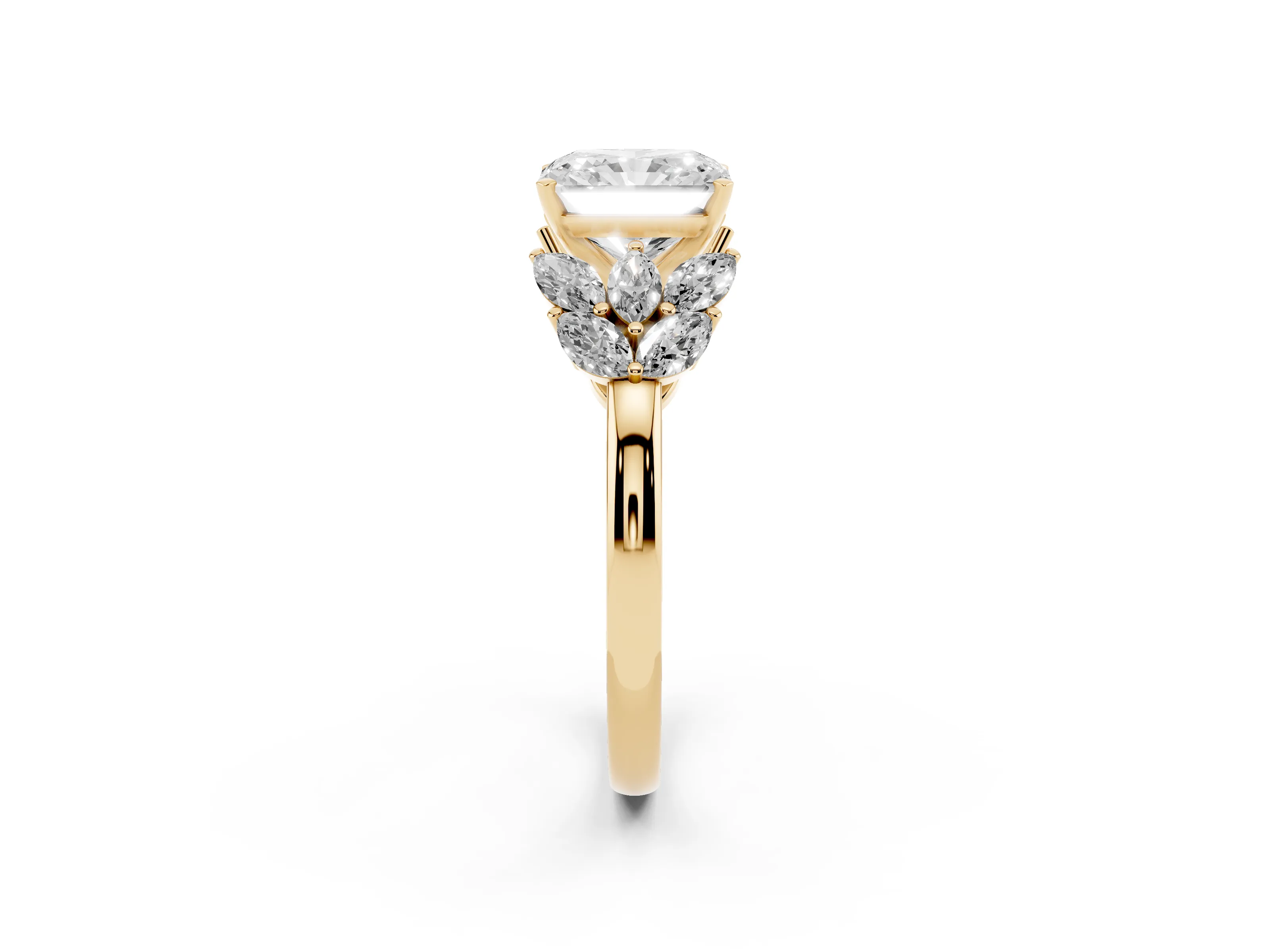 Radiant Cut Diamond Cluster Leaf Design Ring Set in Yellow gold with Prong Setting
