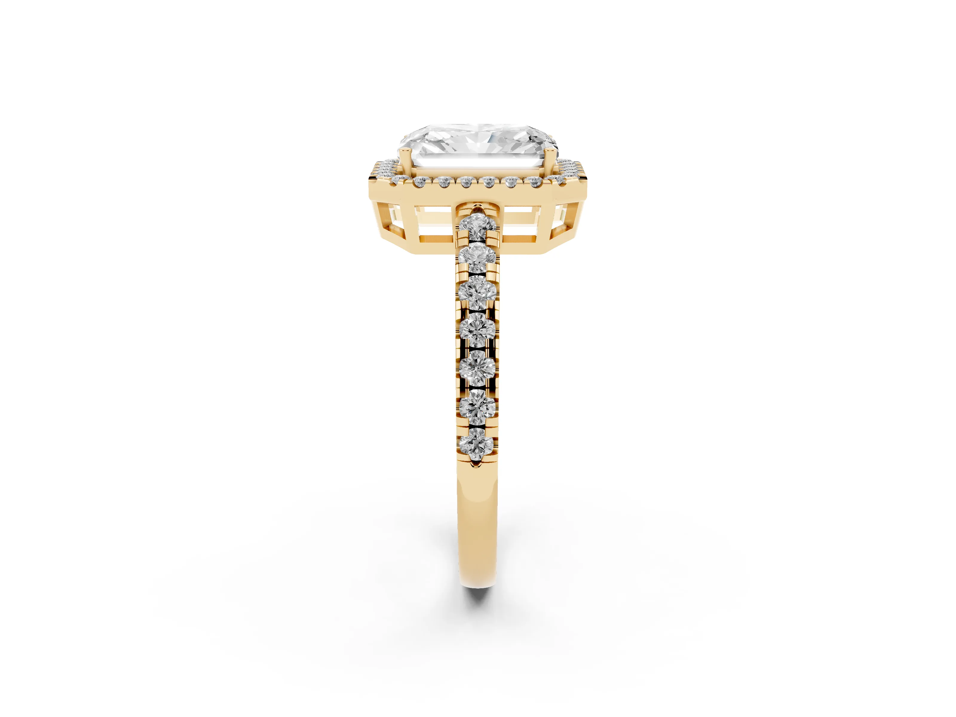 Radiant Cut Diamond Halo Ring Set in Yellow gold with Delicate Pavé Band and Prong Setting
