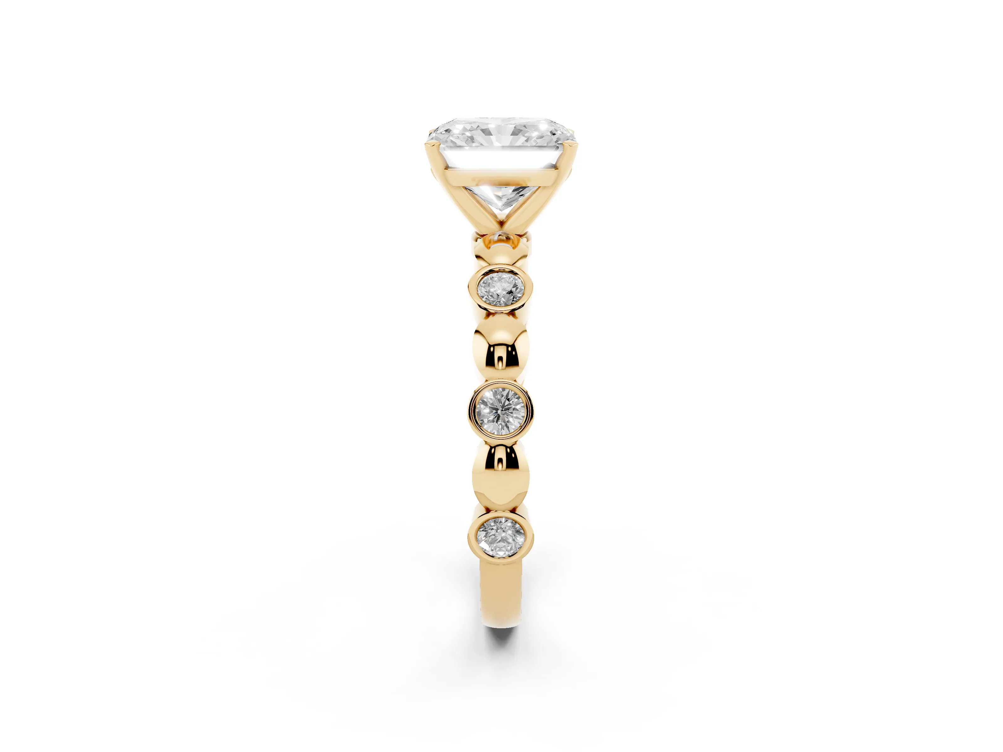 Radiant Cut Diamond Solitaire Ring Set in Yellow gold with Bezel-Set Accents on Beaded Band and Prong Setting