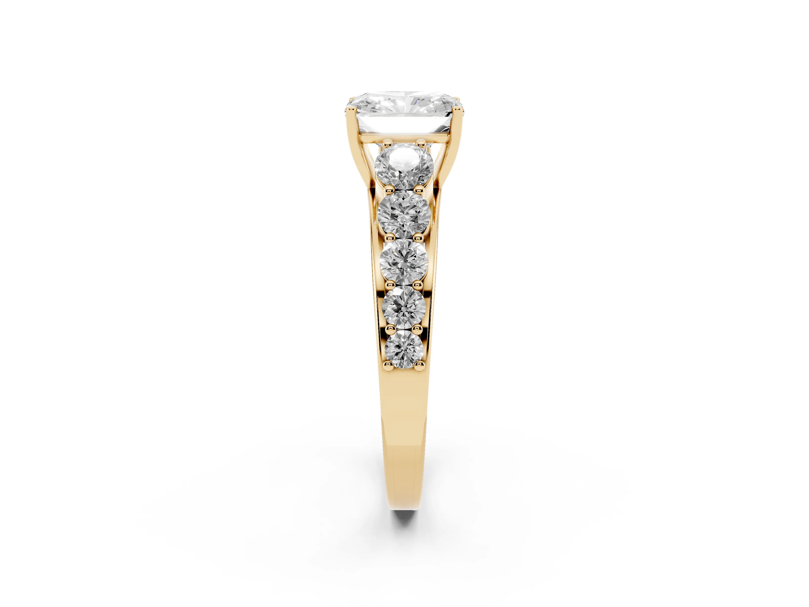 Radiant Cut Diamond Solitaire Ring Set in Yellow gold with Pavé-Set Band and Prong Setting