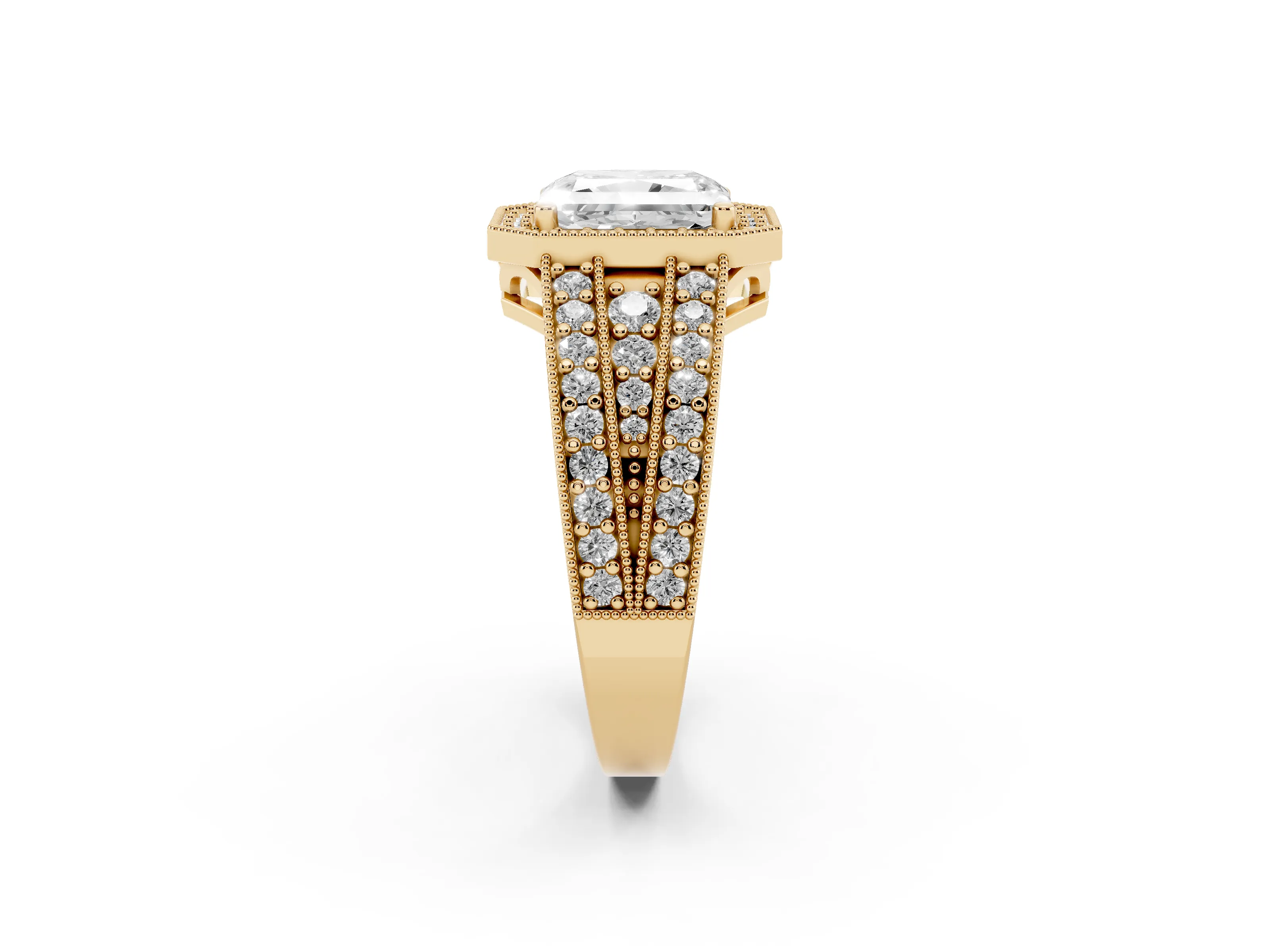 Radiant Cut Diamond Halo Ring Set in Yellow gold with Accent Split Shank and Prong Setting