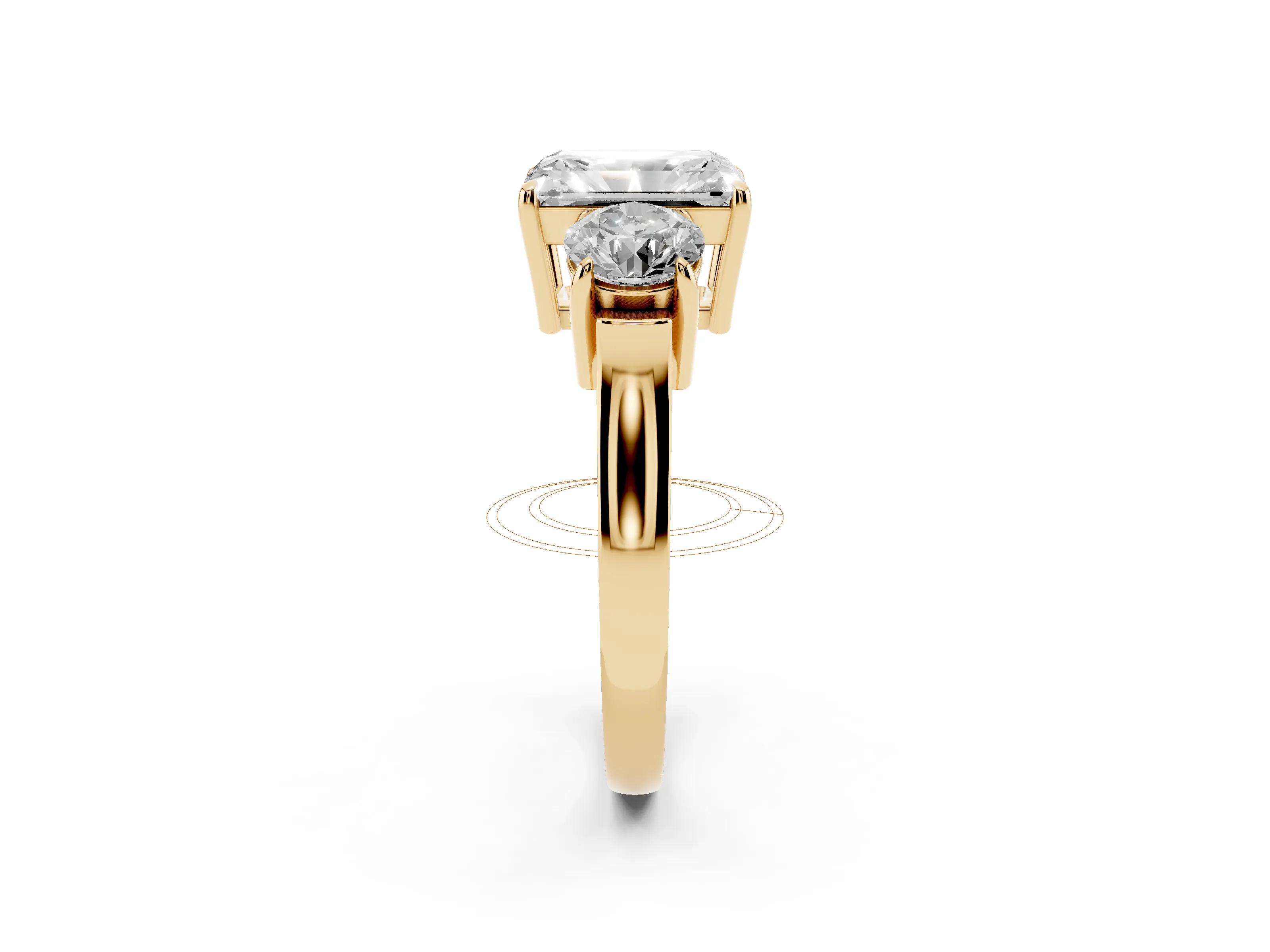 Radiant Cut Diamond Three-Stone Ring Set in Yellow gold with Round Accent Stones and Plain Band