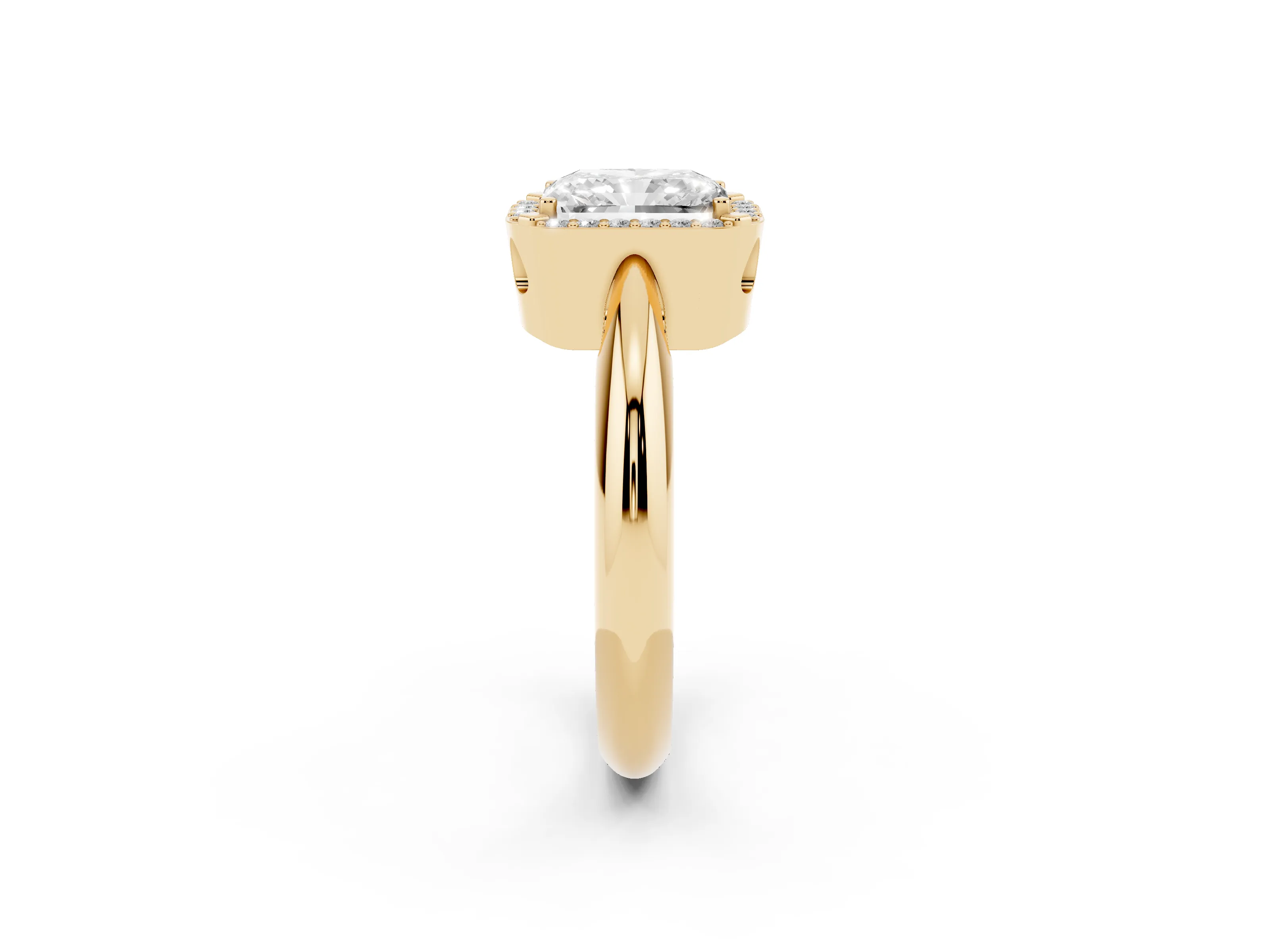 Radiant Cut Diamond Halo Engagement Ring Set in Yellow gold with Plain Split Shank and Prong Setting