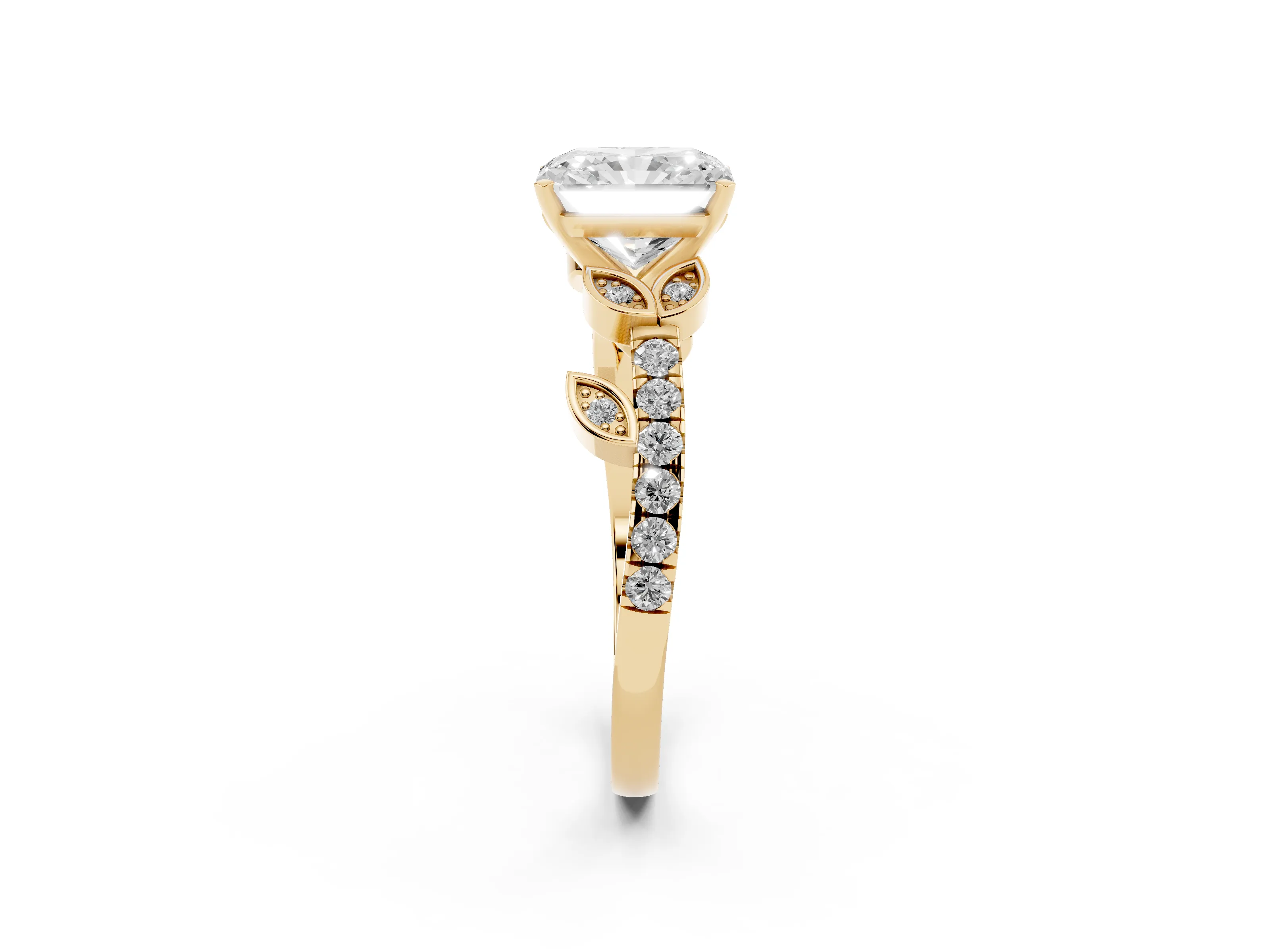 Radiant Cut Diamond Solitaire Leaf-Inspired Ring Set in Yellow gold with Pavé Band and Prong Setting