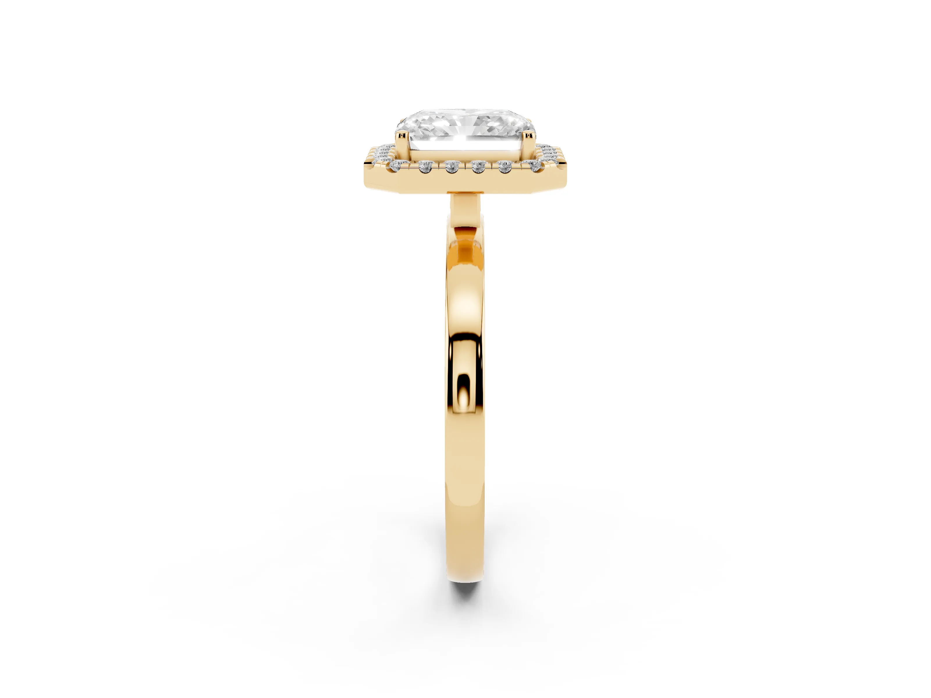 Radiant Cut Diamond Halo Solitaire Ring Set in Yellow gold with Pavé Band and Prong Setting