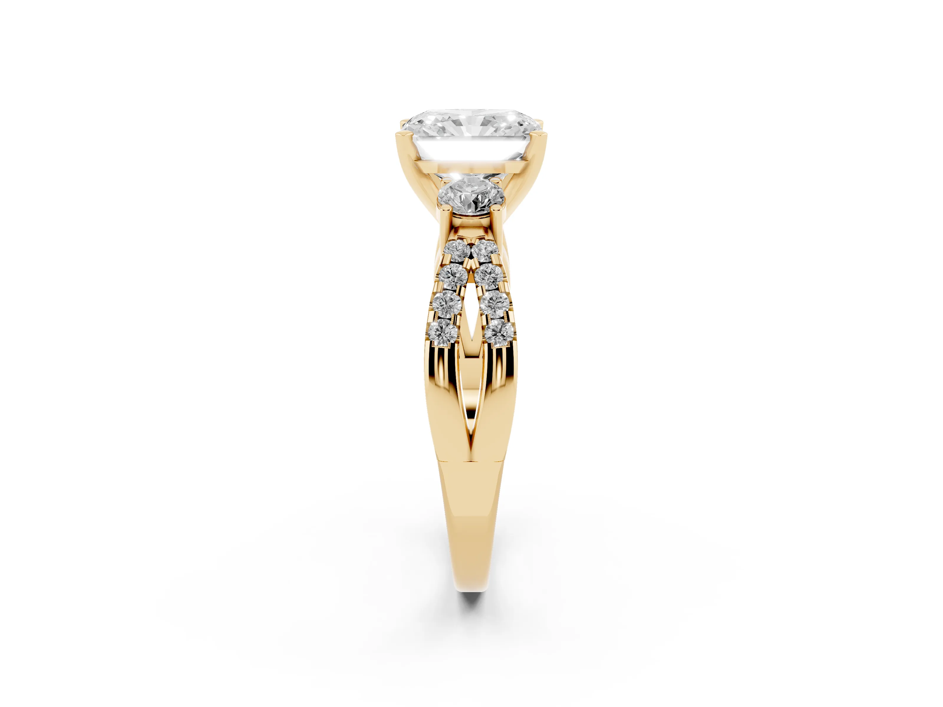 Radiant Cut Diamond Three-Stone Ring Set in Yellow gold with Pavé Split Shank and Prong Setting