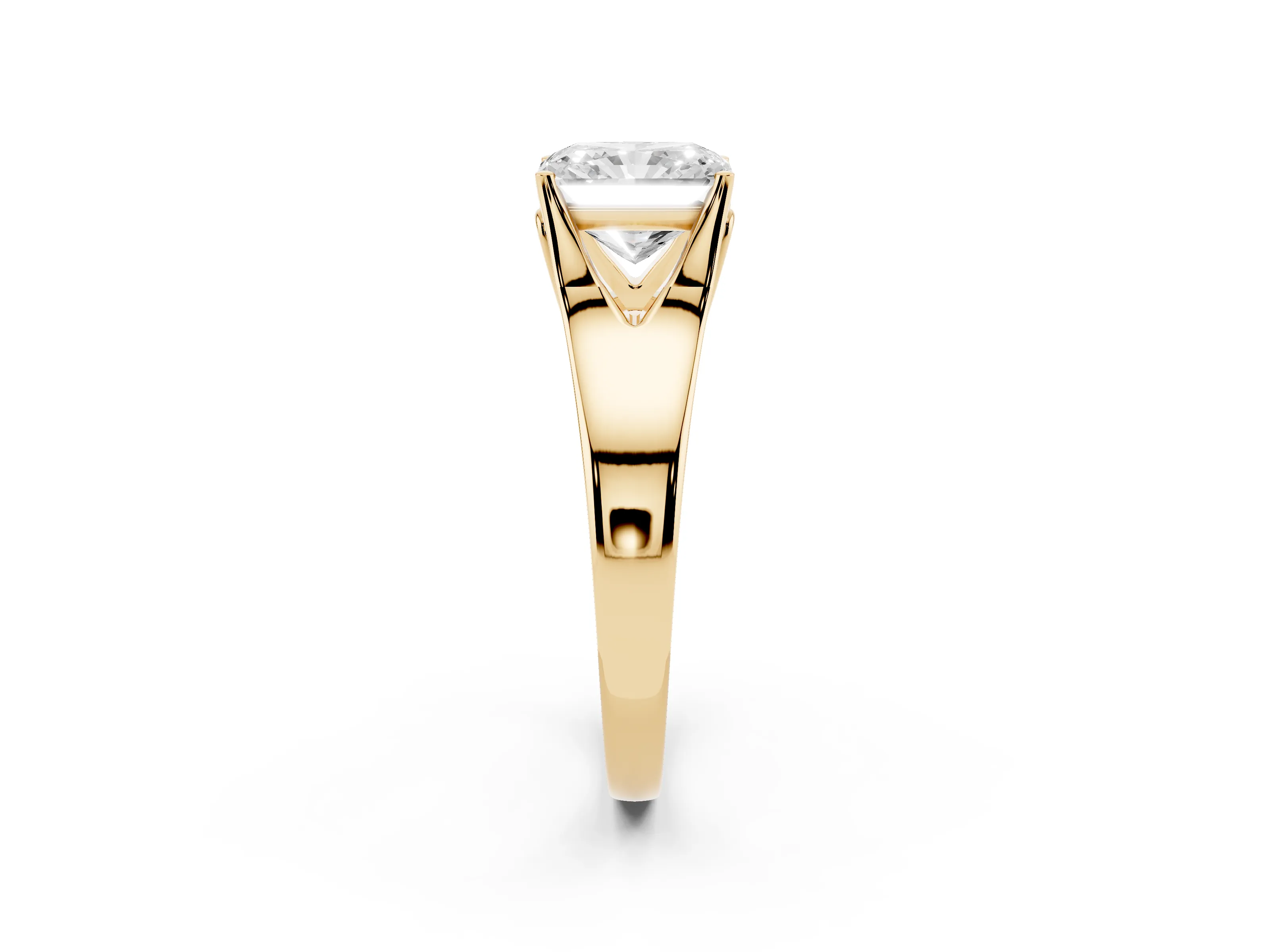 Radiant Cut Diamond Solitaire Ring Set in Yellow gold with Arched Cathedral Band and Prong Setting