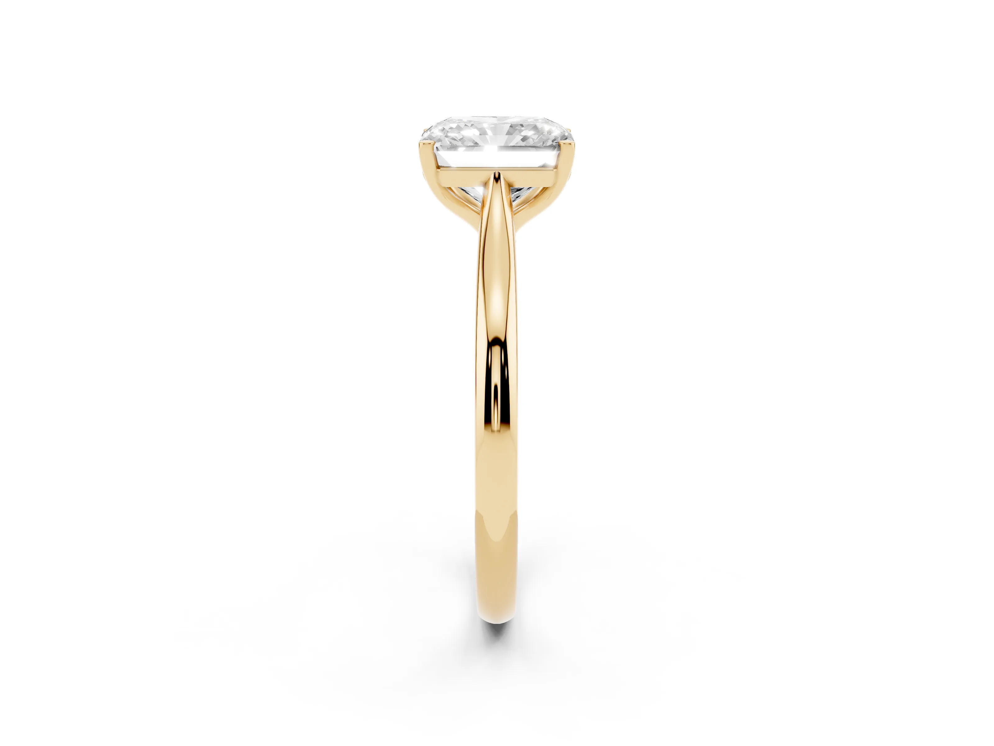 Radiant Cut Diamond Solitaire Ring Set in Yellow gold with Cathedral Band and Prong Setting