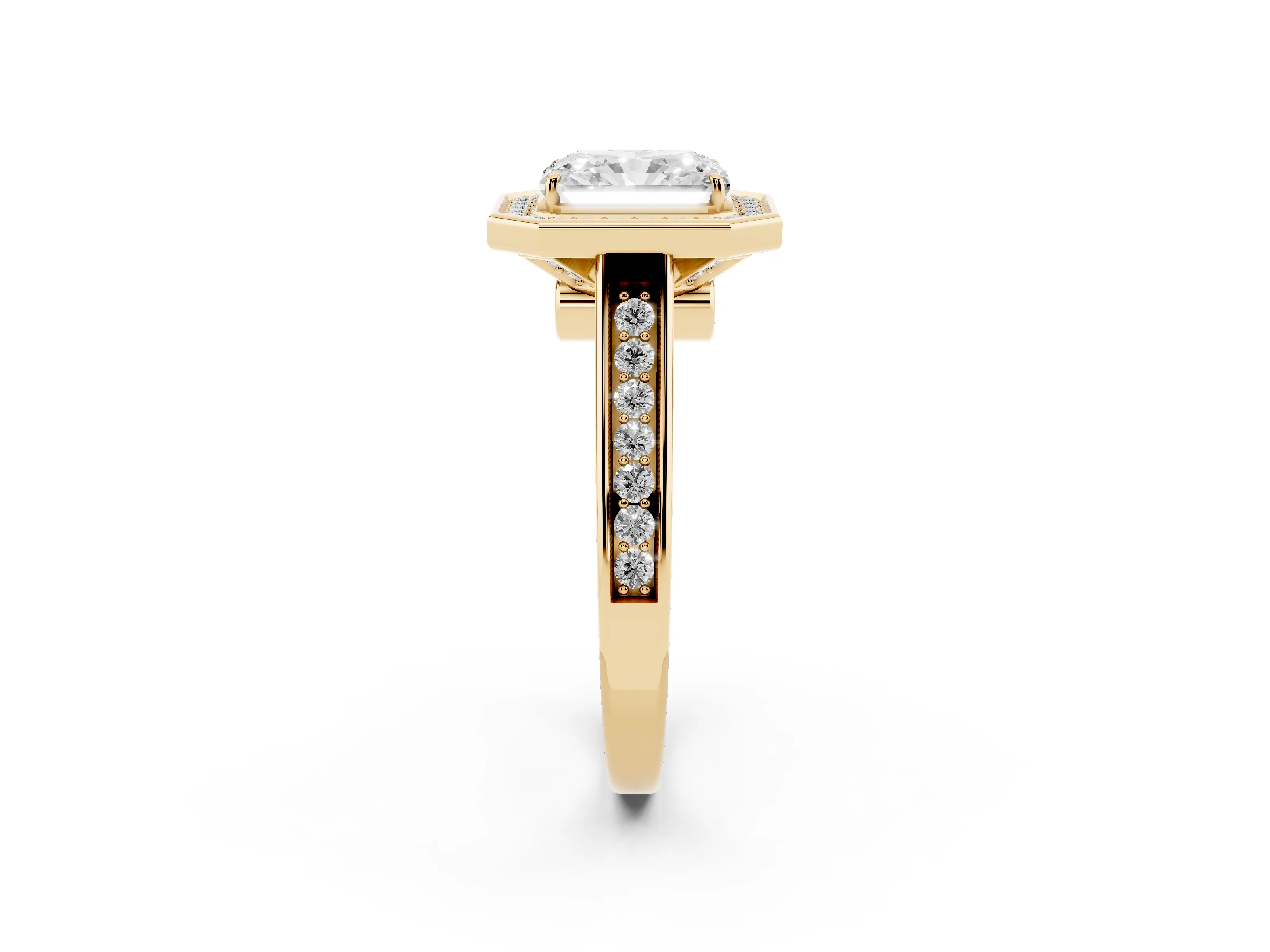 Radiant Cut Diamond Halo Solitaire Ring Set in Yellow gold with Pavé Band and Bezel Setting