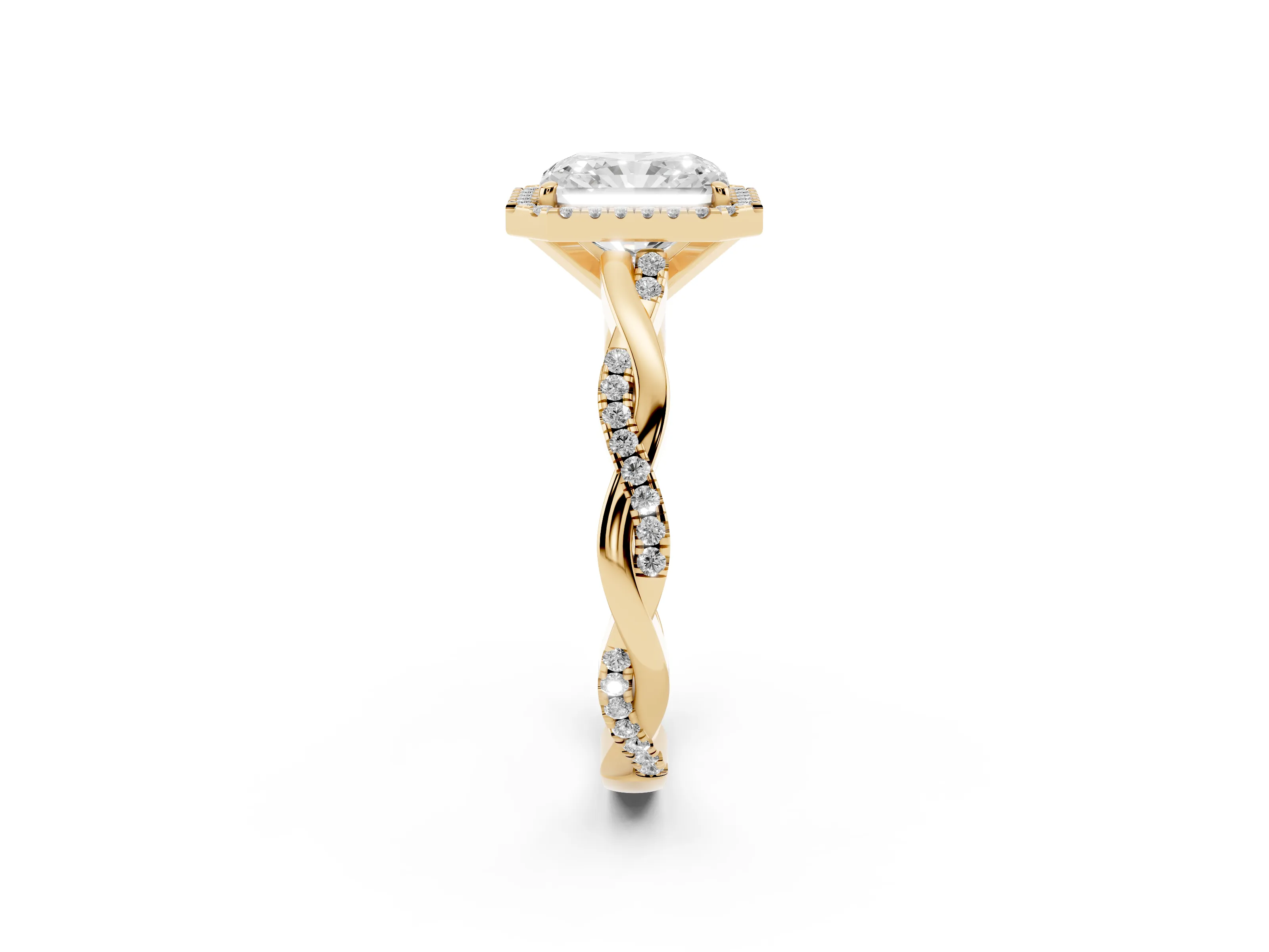 Radiant Cut Diamond Halo Twisted Band Ring Set in Yellow gold with Prong Setting